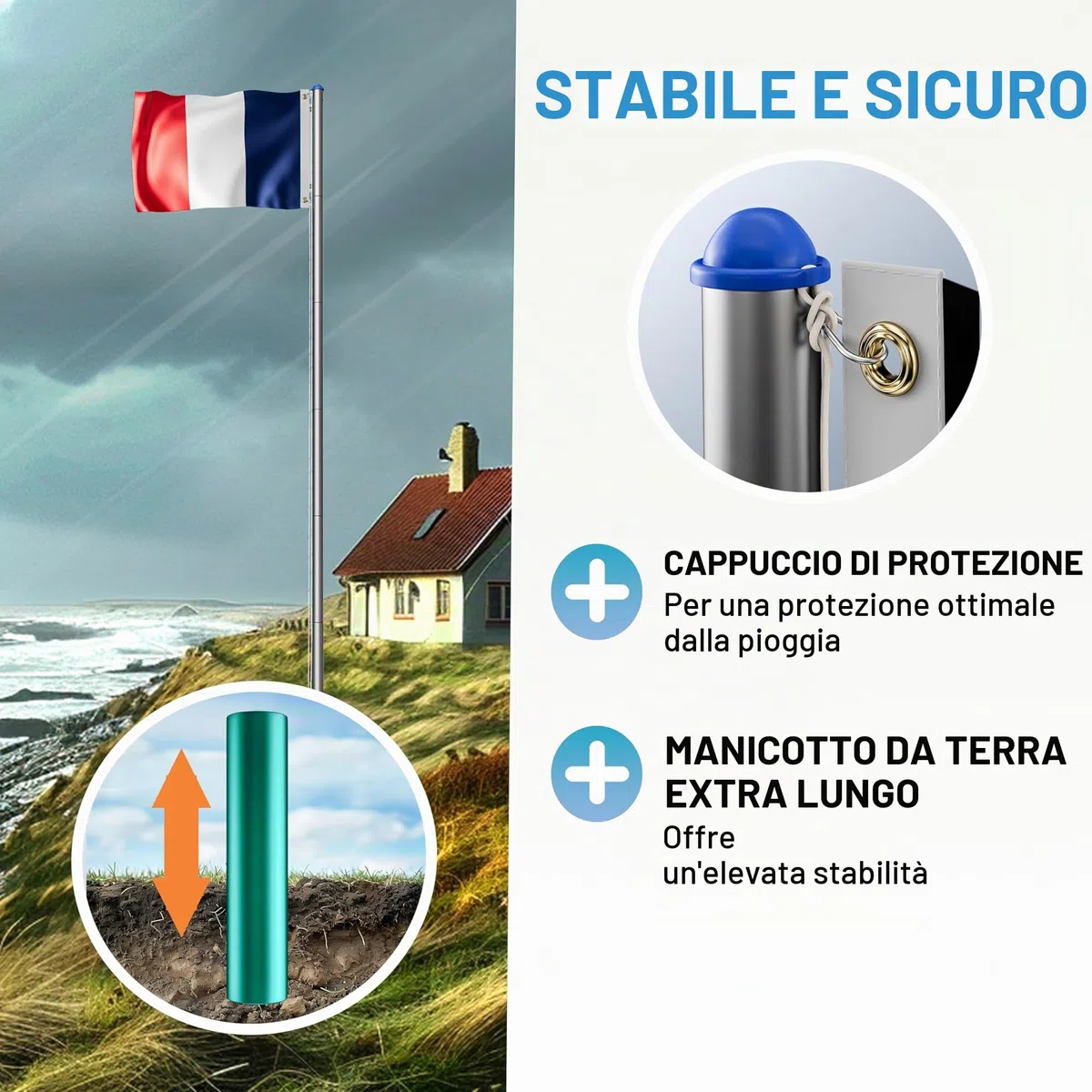 MONZANA Set Montaggio Bandiera Asta Alluminio 6,5 m con Fune Moschettone Gancio Regolabile