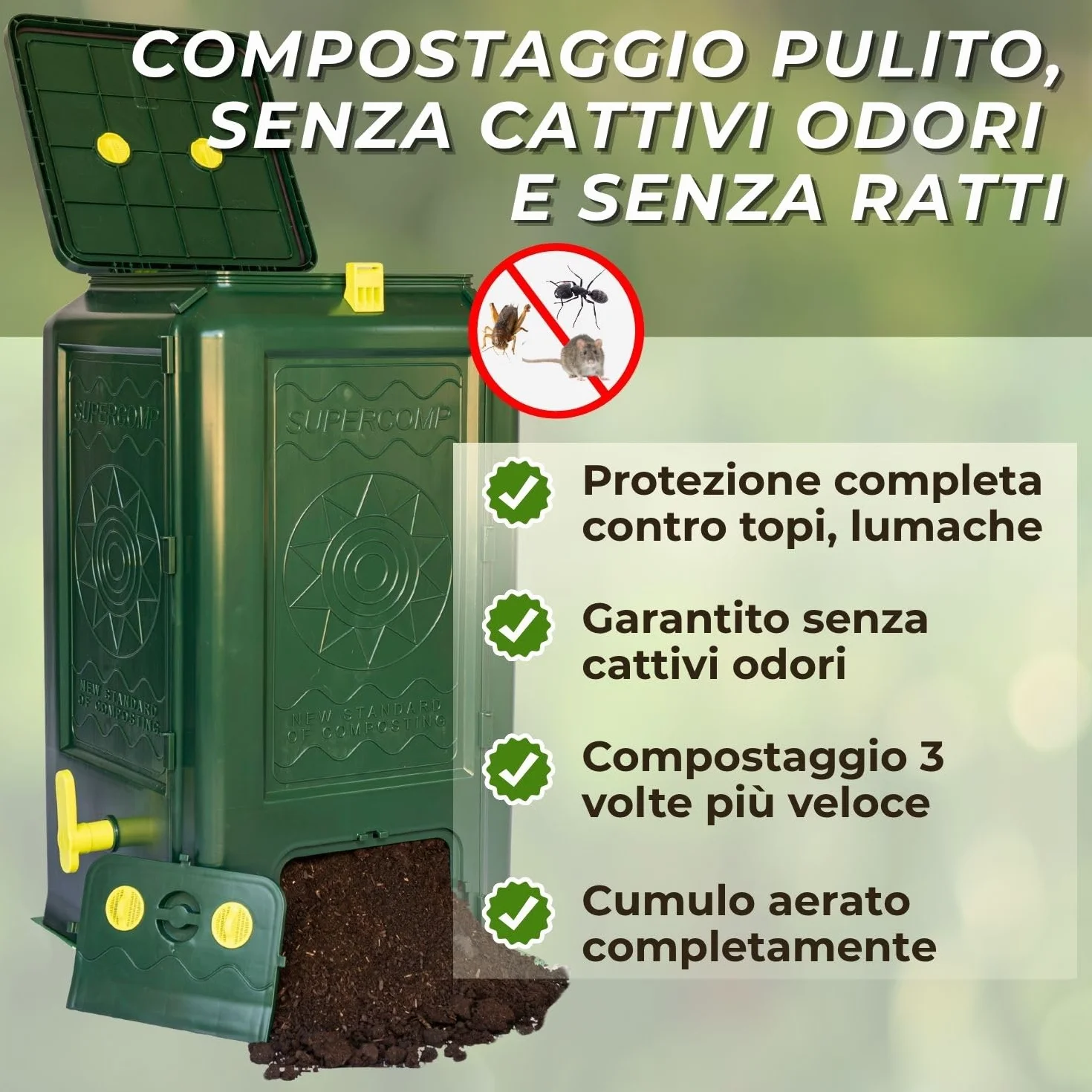 Compostiera 350Lt, Protezione Totale Anti-Roditori e Topi, Senza Cattivi Odori e rivoltamento compost, Aerazione Verticale, Resistente ai Raggi UV e al Gelo, Piano Base Incl.