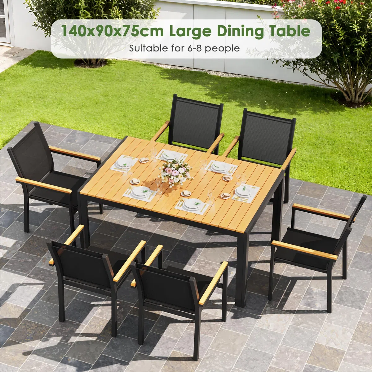 LIFERUN Tavolo da giardino grande, resistente alle intemperie, 140 x 90 x 75 cm, in alluminio, con piano in WPC, tavolo da pranzo rettangolare, per 6 persone, robusto giardino, terrazza, balcone