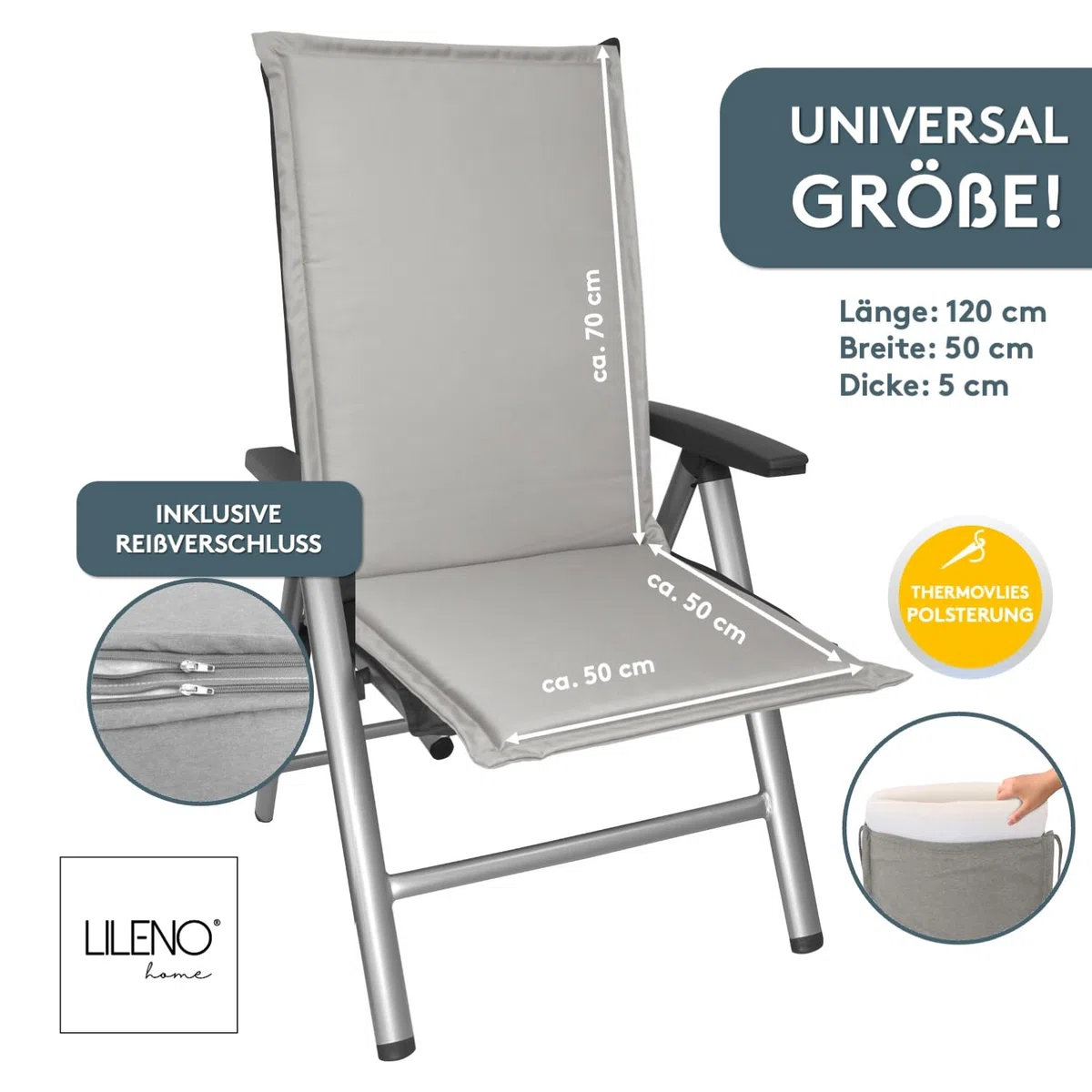 LILENO HOME MIA Cuscini per sedia da giardino set da 2 pezzi con schienale alto grigio