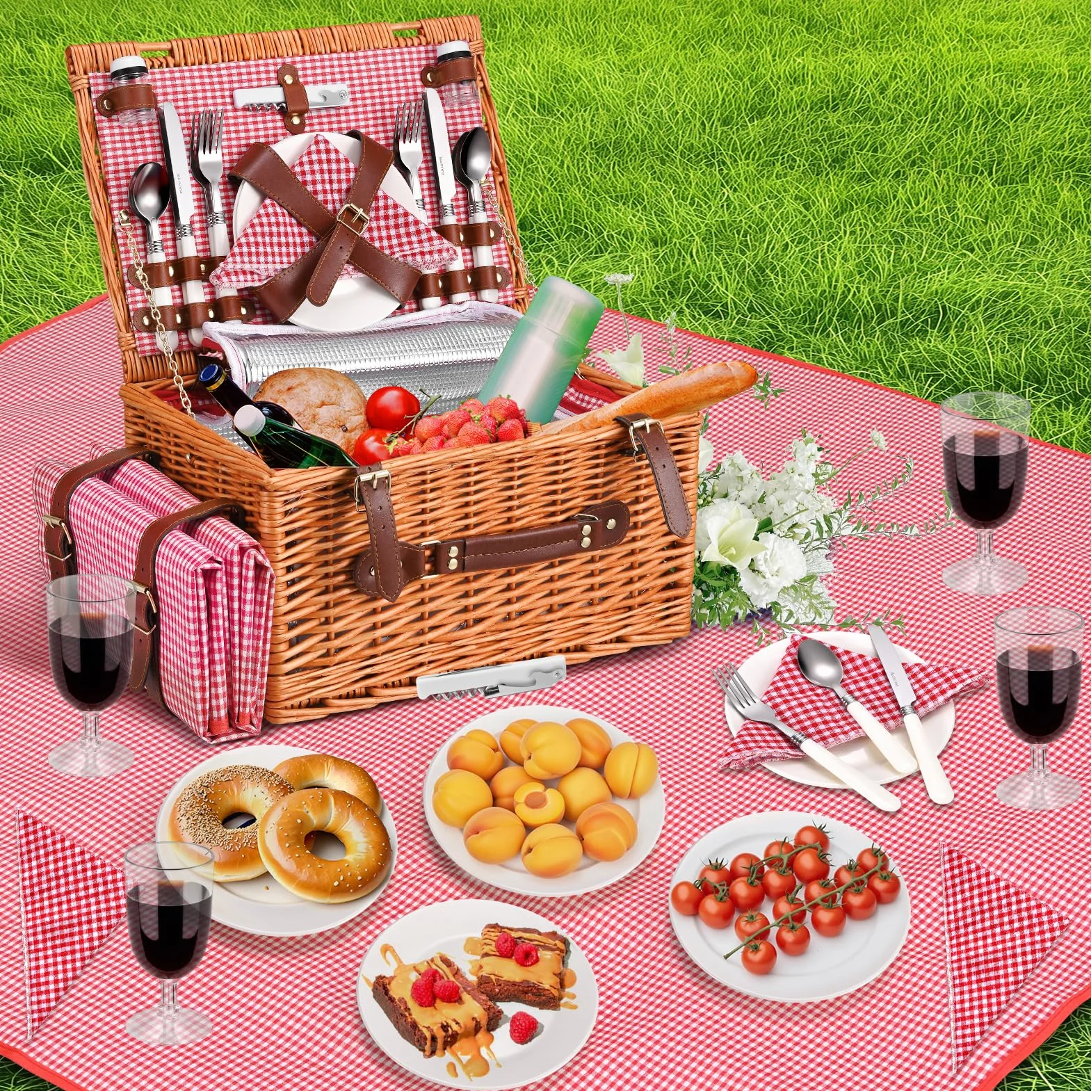 Cestino Picnic 4 Persone Vimini con Scomparto Termico e Coperta Impermeabile Rosso