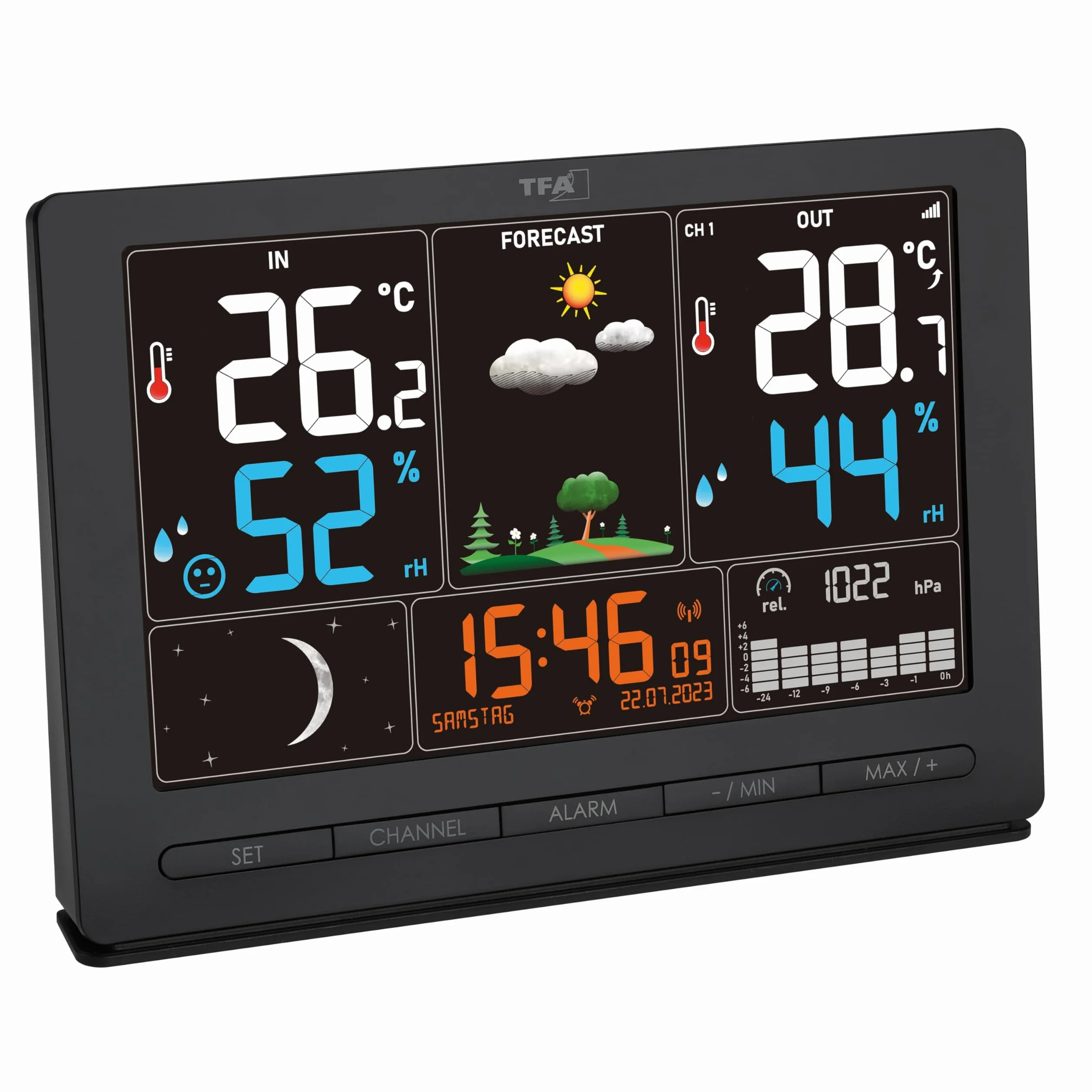 TFA Dostmann Stazione Meteo SEASON 2 con Sensore Esterno, Display Colori, Temperatura e Umidità, Nero