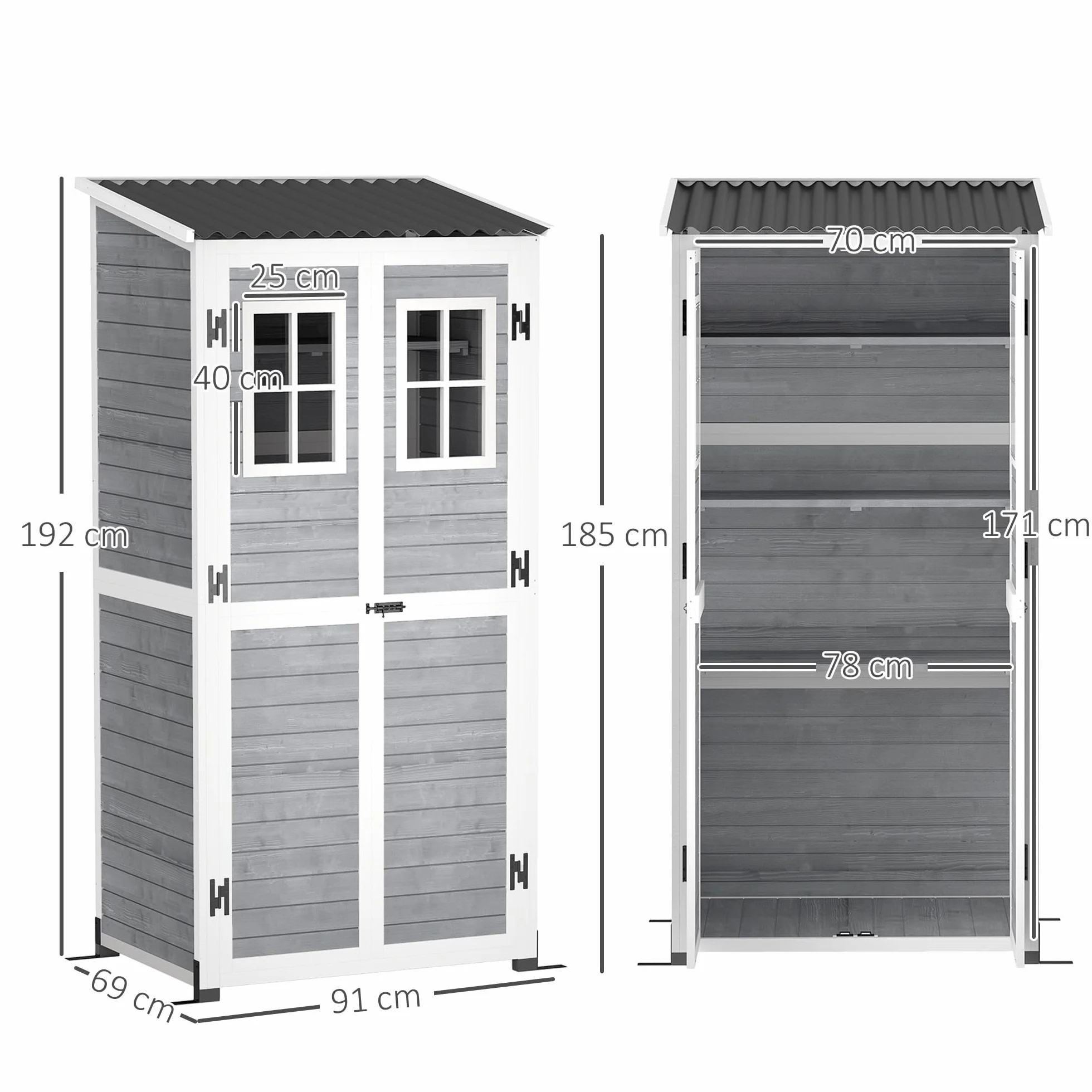Outsunny Capanno Porta Attrezzi da Giardino in Legno di Abete con 2 Finestre e Ripiani Regolabili, Casetta Attrezzi Giardino Bloccabile, Tetto Spiovente per Patio Terrazza, 91x69x192cm, Grigio Chiaro