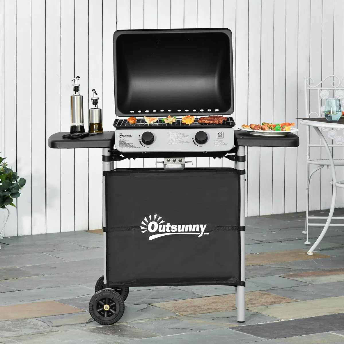 Outsunny Barbecue a Gas 5.6kW 2 Bruciatori, BBQ in Acciaio con Ruote e Mensole, 104x49x99cm Nero
