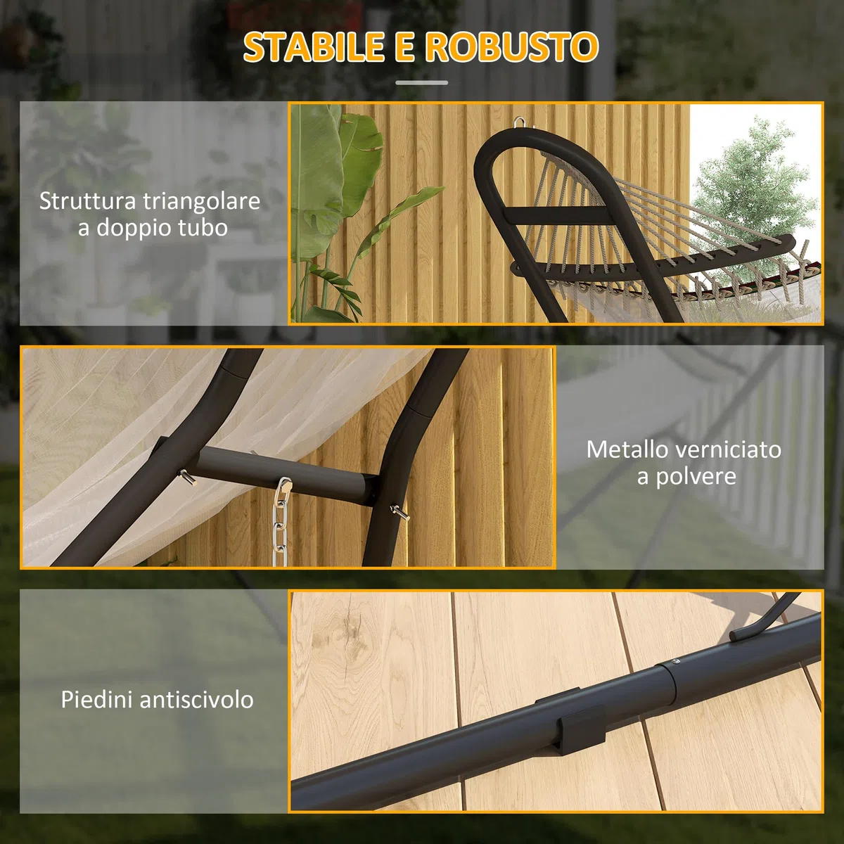 Outsunny Supporto per Amaca per 2-3 Persone, Regolabile con Piedini Antiscivolo, Sostegno per Amaca in Acciaio con Catene e Ganci a S, per Amache da 2.75-4 m, 278 cm, capacità 150 kg, Nero
