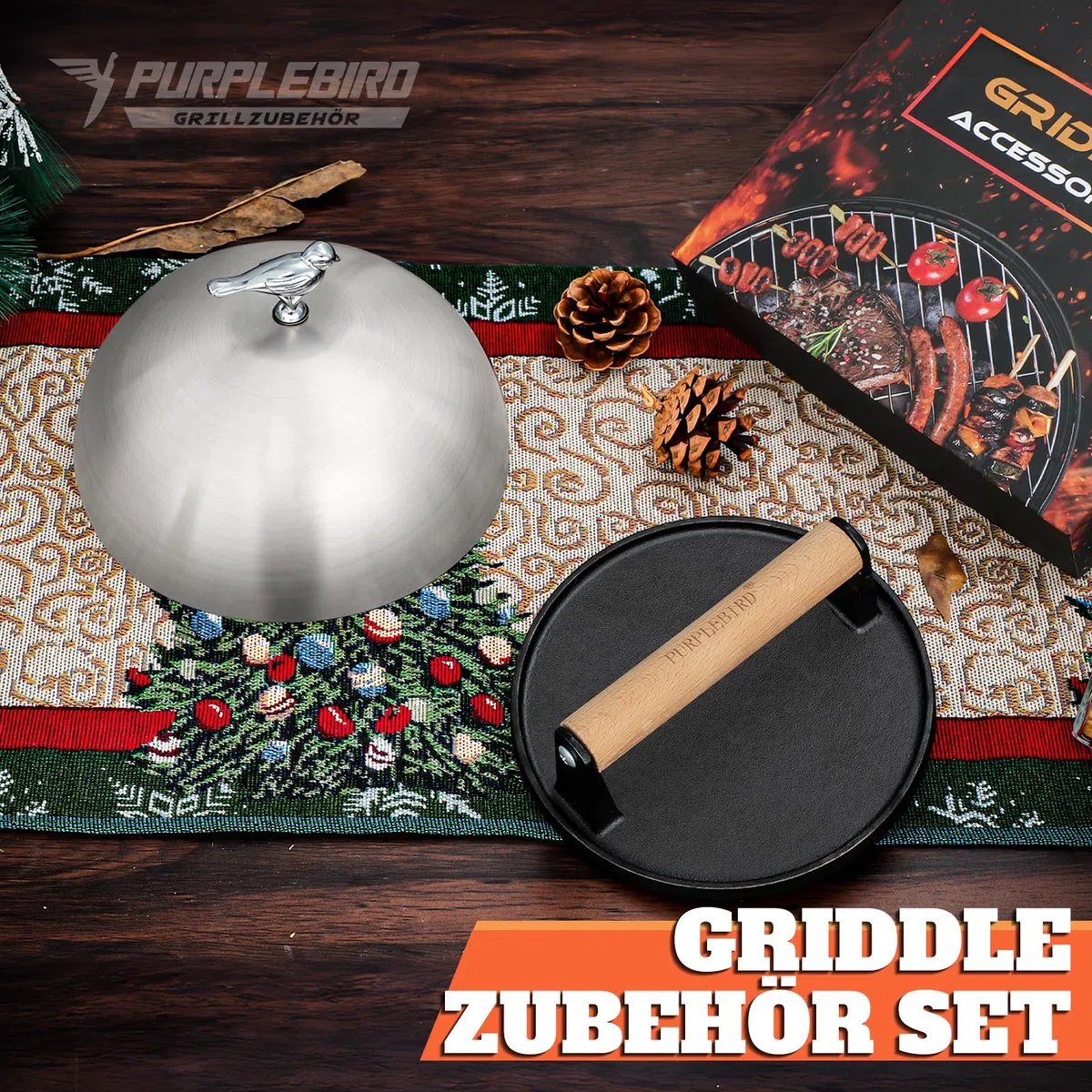 PURPLEBIRD Griddle - Set di accessori per hamburger in acciaio inox (7,87 pollici), con pesanti, in ghisa (6,97 pollici), campana per fusione e pressa per hamburger, per barbecue a gas, teppanyaki,