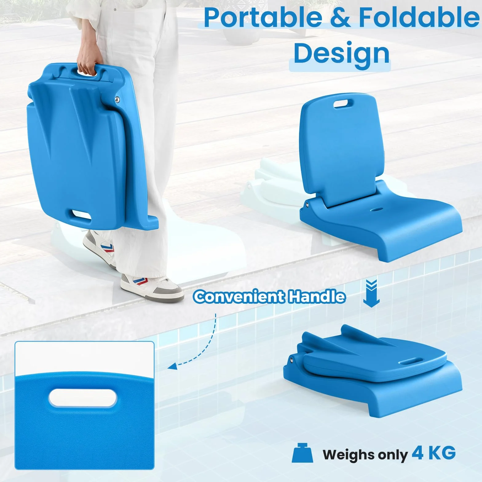 KOMFOTTEU Spiaggina Pieghevole Portatile, Sedia da Spiaggia in Plastica con Schienale e Maniglie, Sedia Mare Leggera con Fori di Drenaggio, per Campeggio, Pesca e Piscina (Blu)