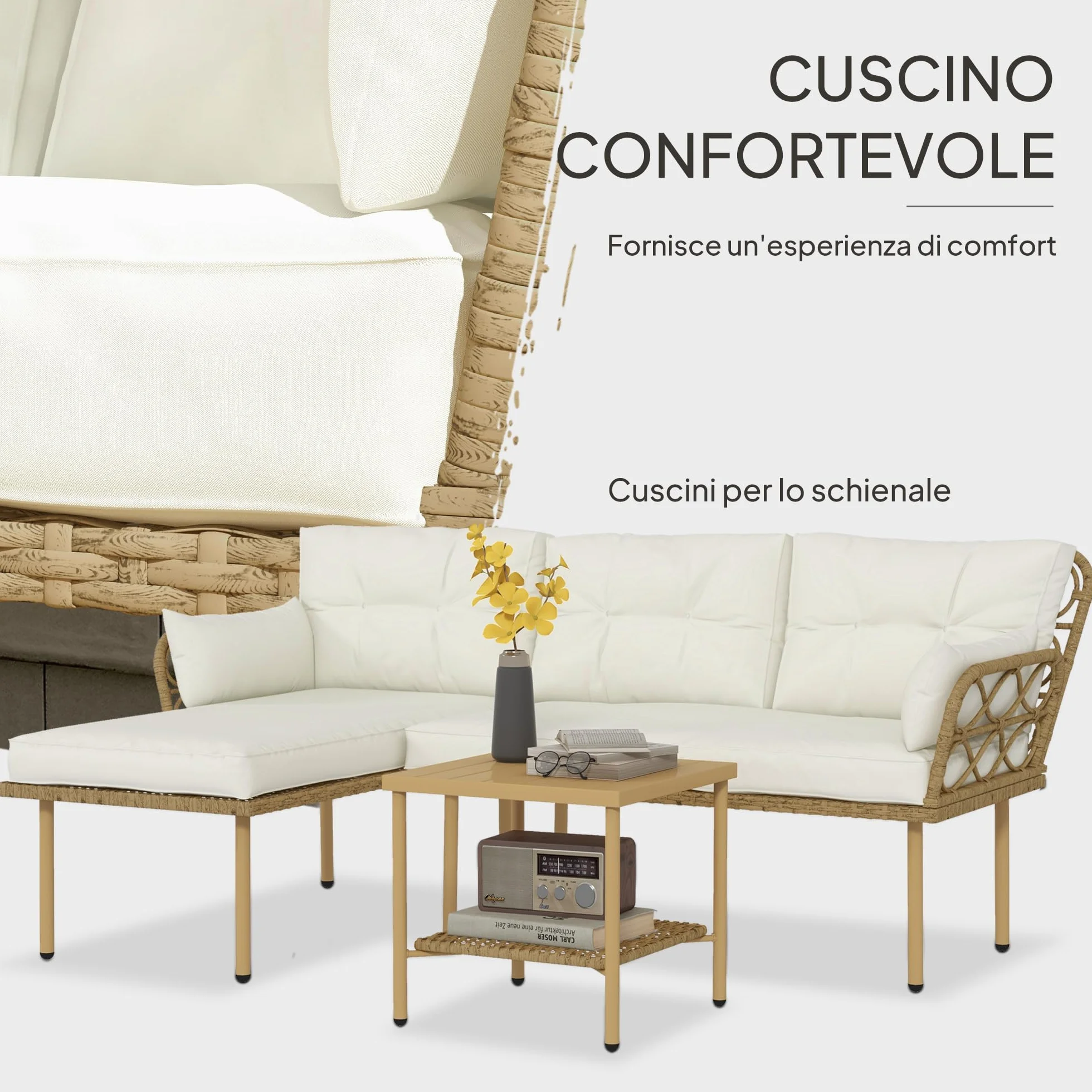 Outsunny Set Giardino Rattan 3 Pezzi Salotto Esterno Divanetto 2 Posti Chaise Longue Cuscini Lavabili Tavolino Caffè Crema
