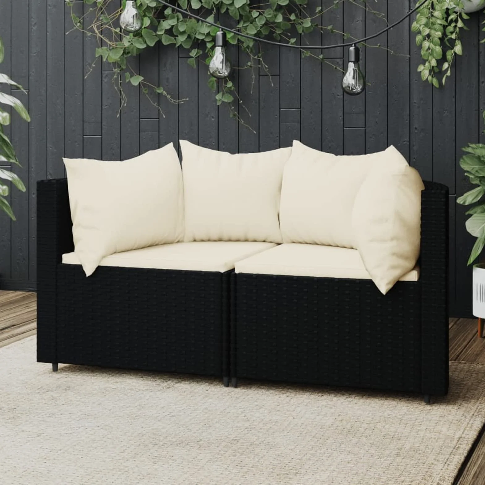 Divani Angolari da Giardino, con Cuscini in Polyrattan Nero e Bianco, Struttura in Acciaio Verniciato a Polvere, Set da 2 Pezzi, 63x63x57,5 cm, per Esterno e Terrazza
