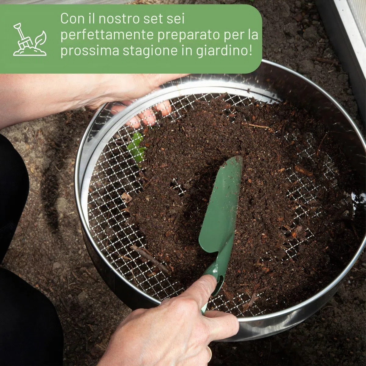 Setaccio da giardino rotondo 30 cm acciaio inox 5 inserti intercambiabili paletta inclusa