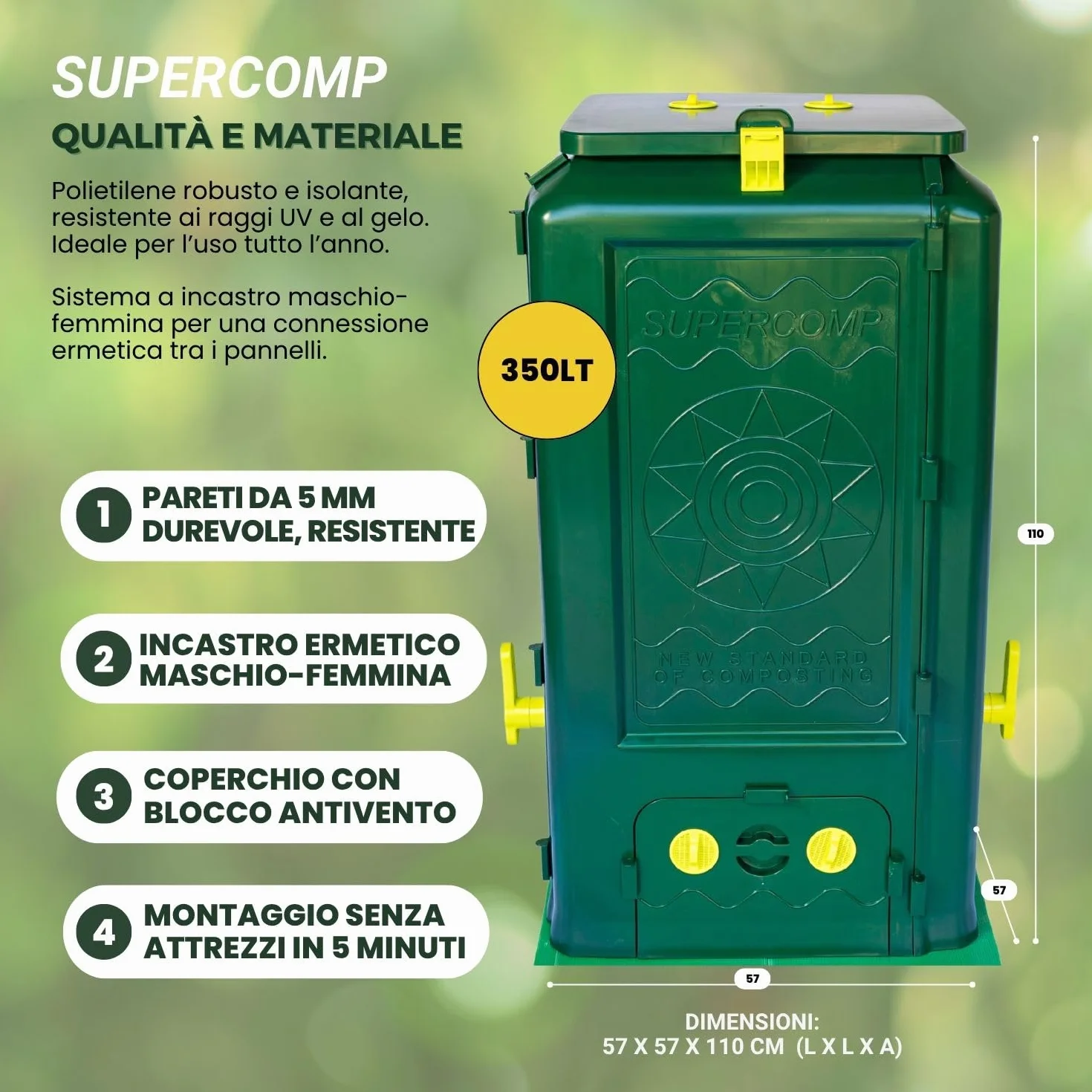 Compostiera 350Lt, Protezione Totale Anti-Roditori e Topi, Senza Cattivi Odori e rivoltamento compost, Aerazione Verticale, Resistente ai Raggi UV e al Gelo, Piano Base Incl.