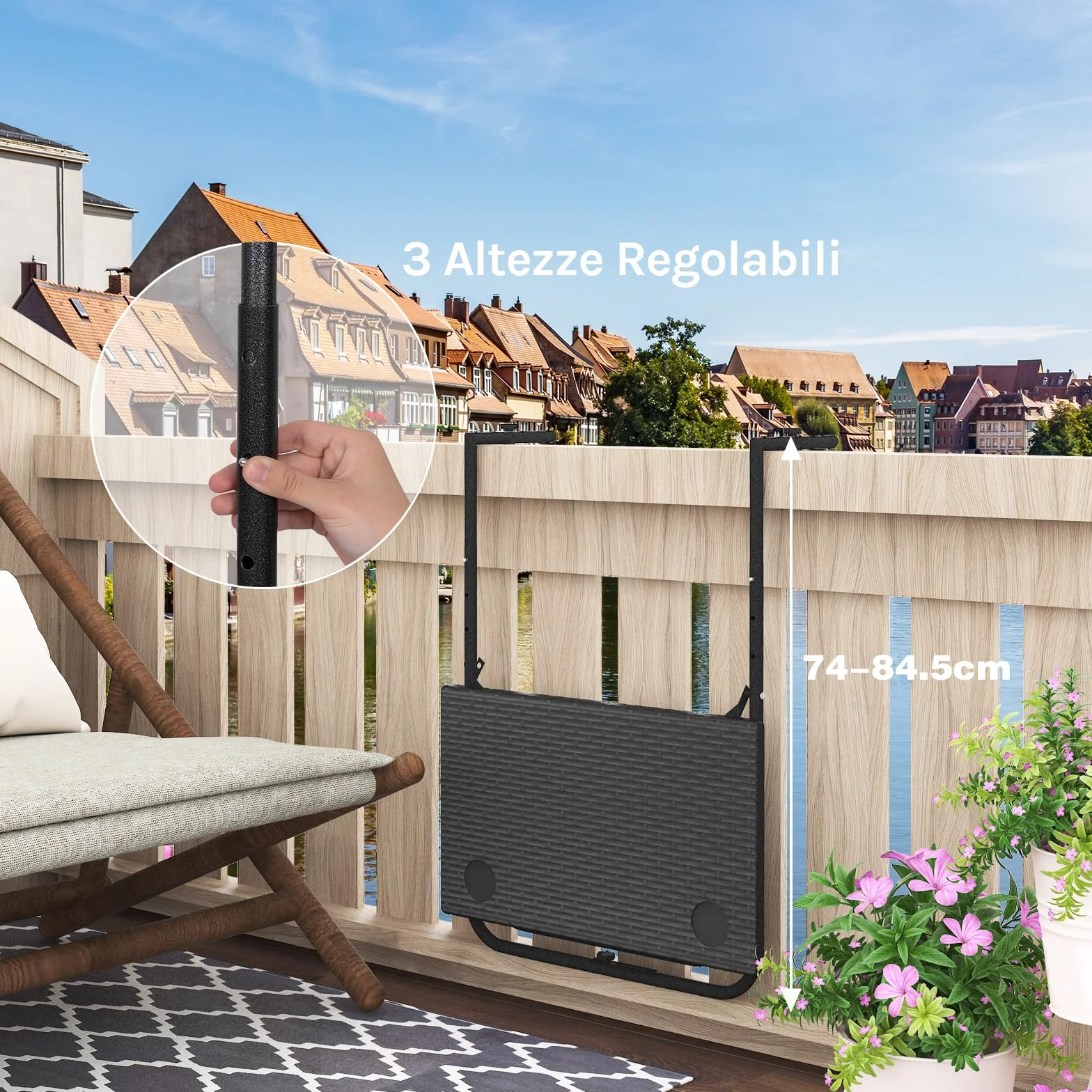 WOLTU Tavolino Pieghevole da Balcone Regolabile in 3 Altezze, Tavolo Sospeso per Ringhiera, Rattan, Nero
