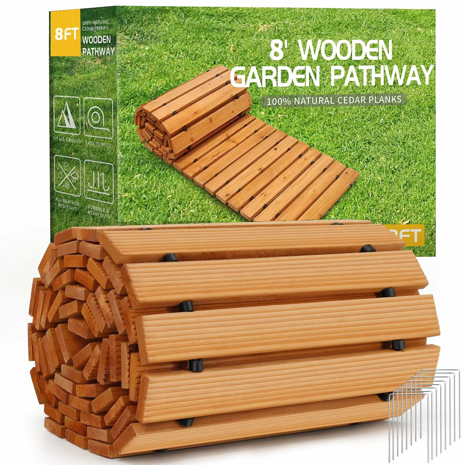 RELIANCER Percorso da giardino in legno, passerella dritta in cedro srotolabile all'esterno, vialetto decorativo da giardino, passerella da giardino, passerella, resistente alle intemperie, pavimento