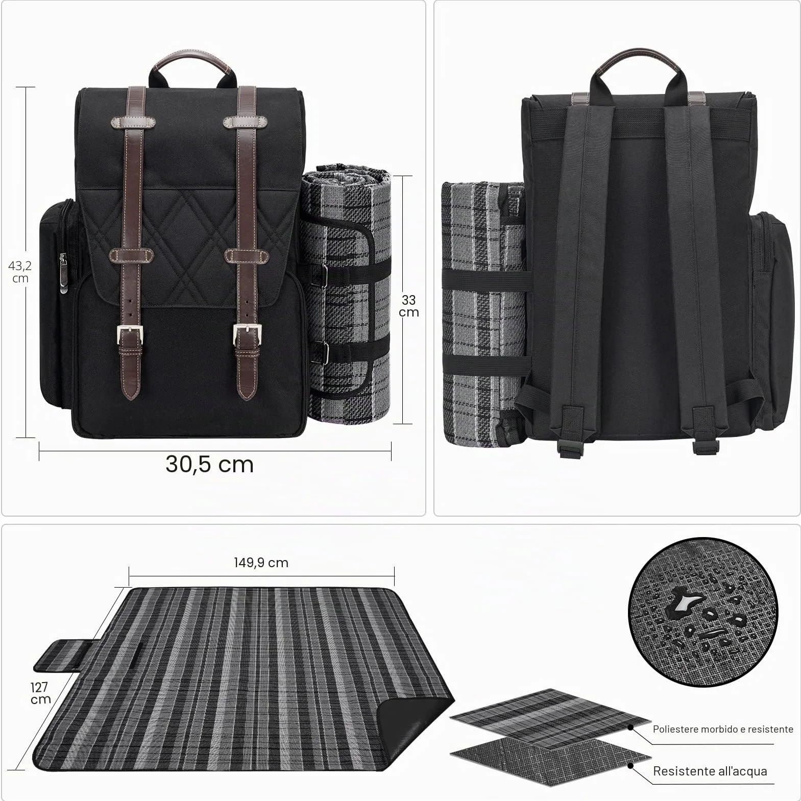 Zaino da picnic per 4 persone con grande borsa termica isolata, cestino da picnic con sacchetto di vino, coperta da picnic impermeabile e set di posate. Perfetto per spiaggia, festa, regalo di nozze