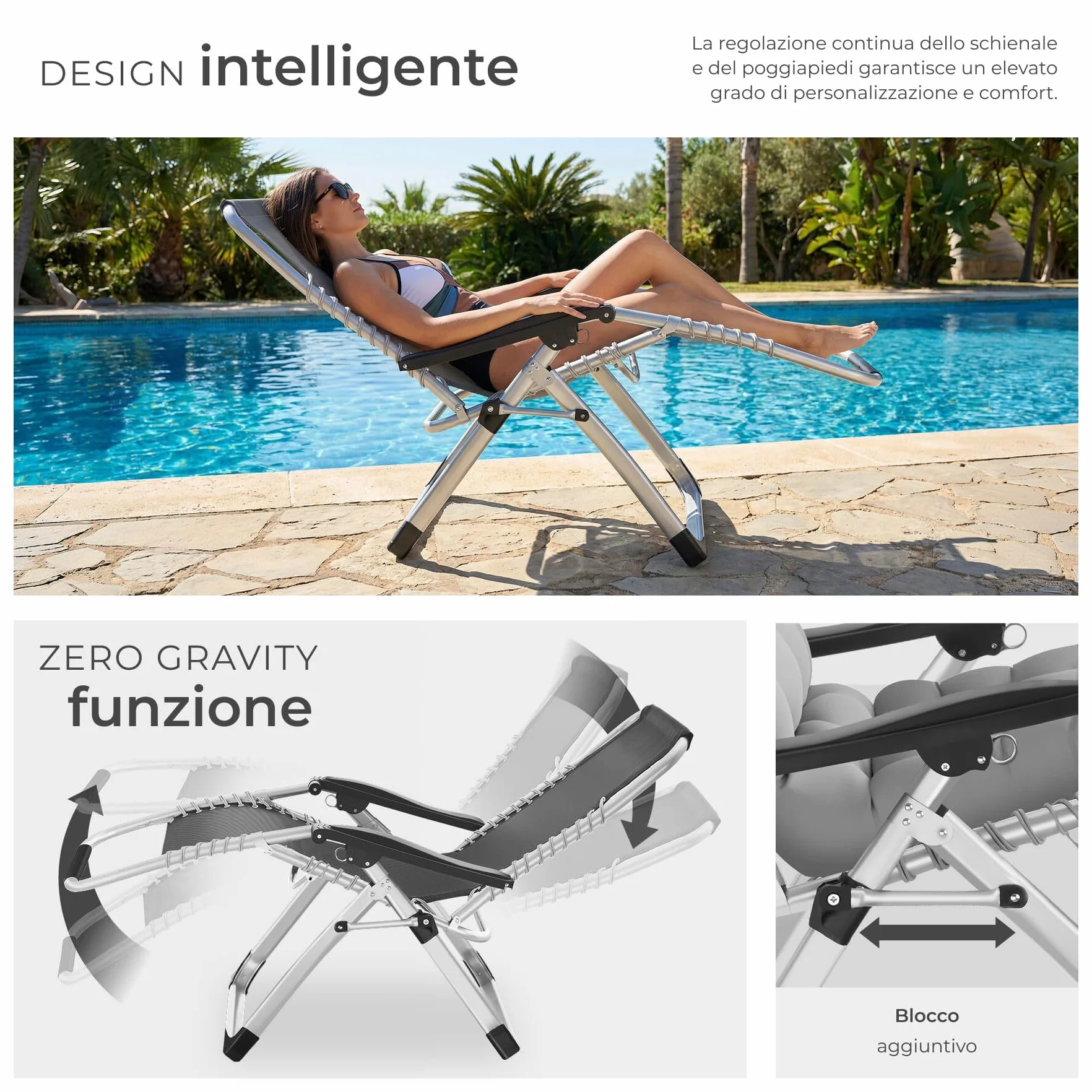 Tectake Sdraio da Giardino Lettino Prendisole Richiudibile con Cuscino Poggiatesta Grigio Chiaro