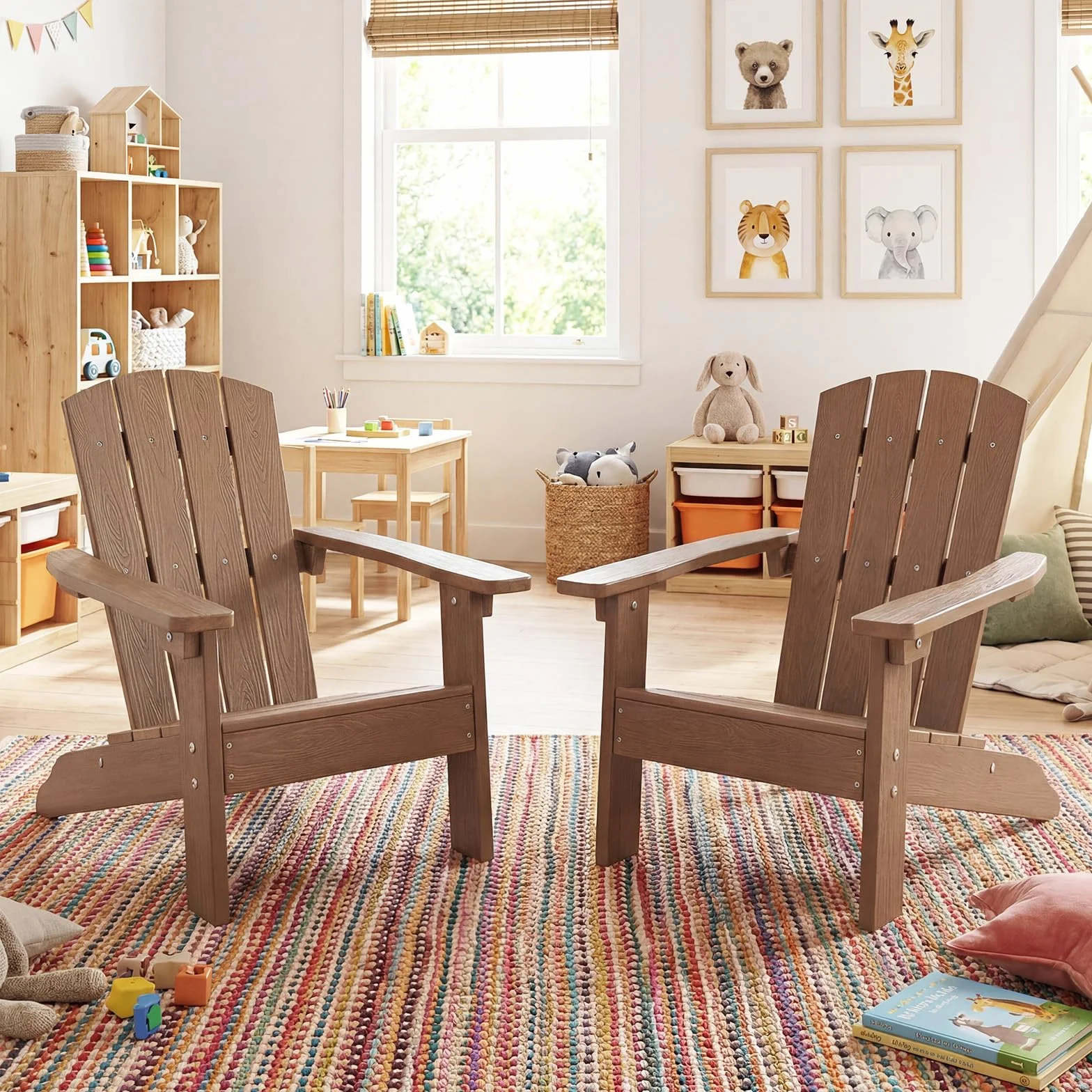 COSTWAY Sedia Adirondack per Bambini, Poltrona da Giardino in Plastica Resistente alle Intemperie con Schienale a Doghe Inclinato, Sedia Adirondack per Patio e Balcone, Portata 75 kg (Marrone)
