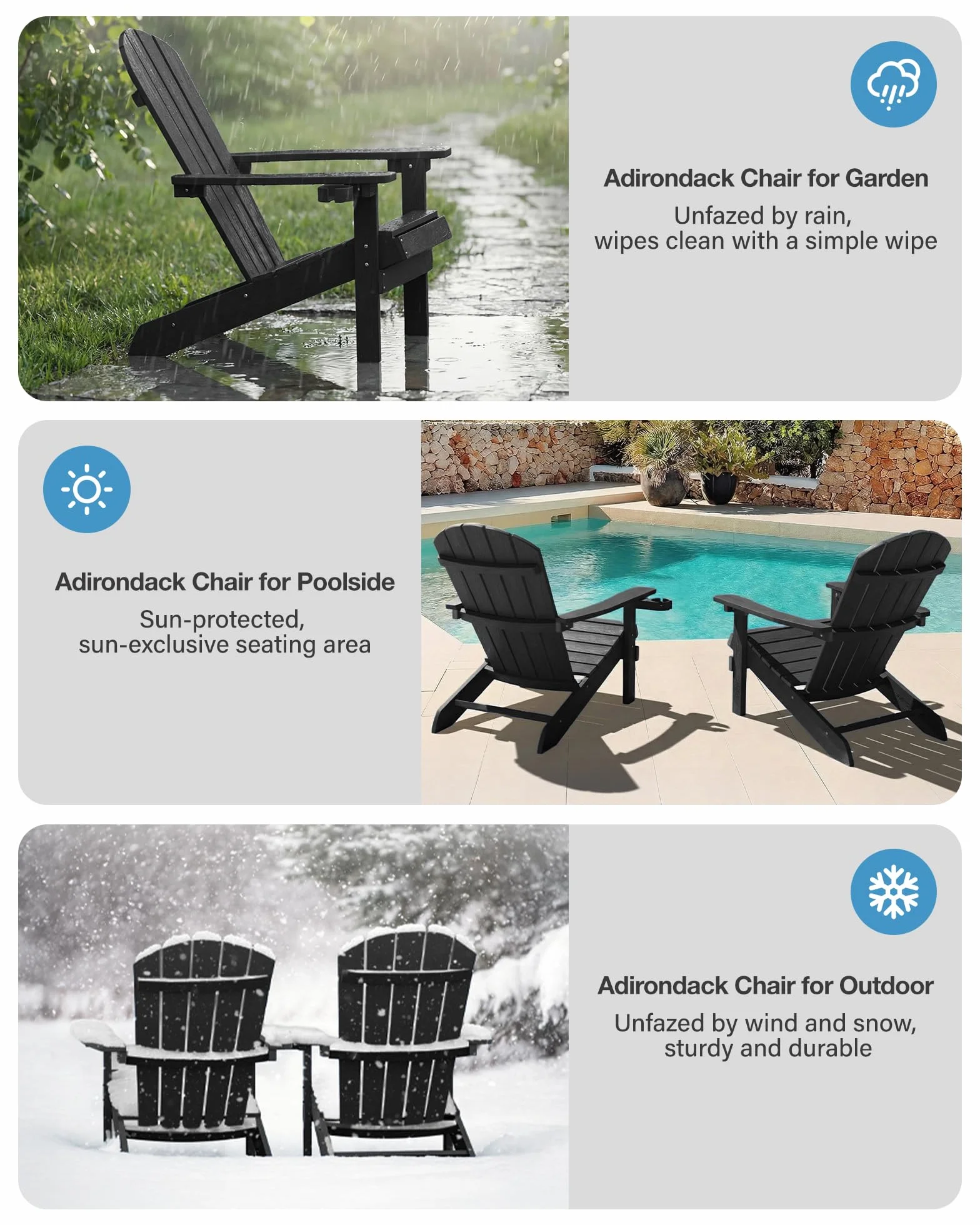 MXIMU Adirondack - Sedia da giardino per esterni, con schienale ergonomico e confortevole, resistente ai fianchi, con portabicchieri, per tutte le condizioni atmosferiche, per patio, braciere