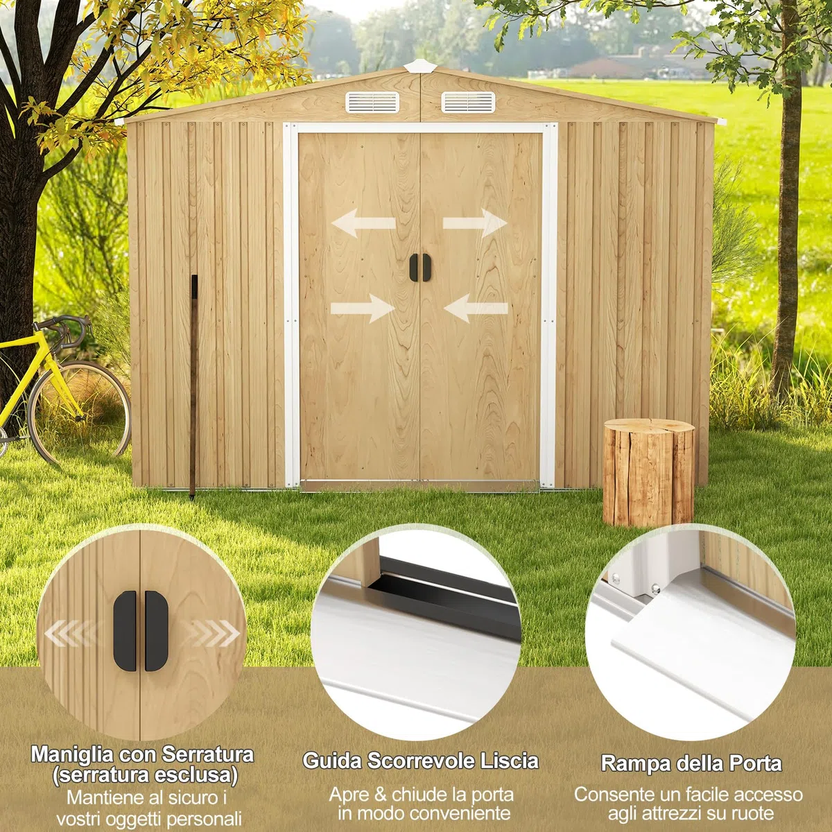 RELAX4LIFE Casetta da Giardino per Attrezzi, in Lamiera d'Acciaio e e Lamiera Zincata con Fondazione, Doppie Porte Scorrevoli, Rampa, 4 Fori di Ventilazione e 4 Guanti Inclusi (259 x 196 x 184 cm)