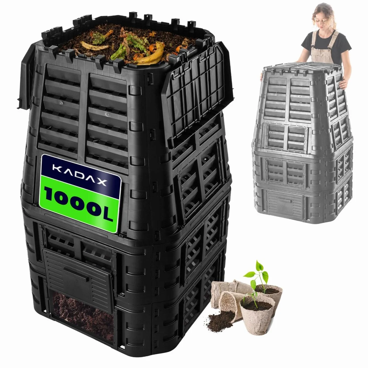KADAX Compost, Sistema di compostaggio Nero, composti di plastica, Compost Termico Resistente al Tempo con Coperchio Pieghevole (1000L)