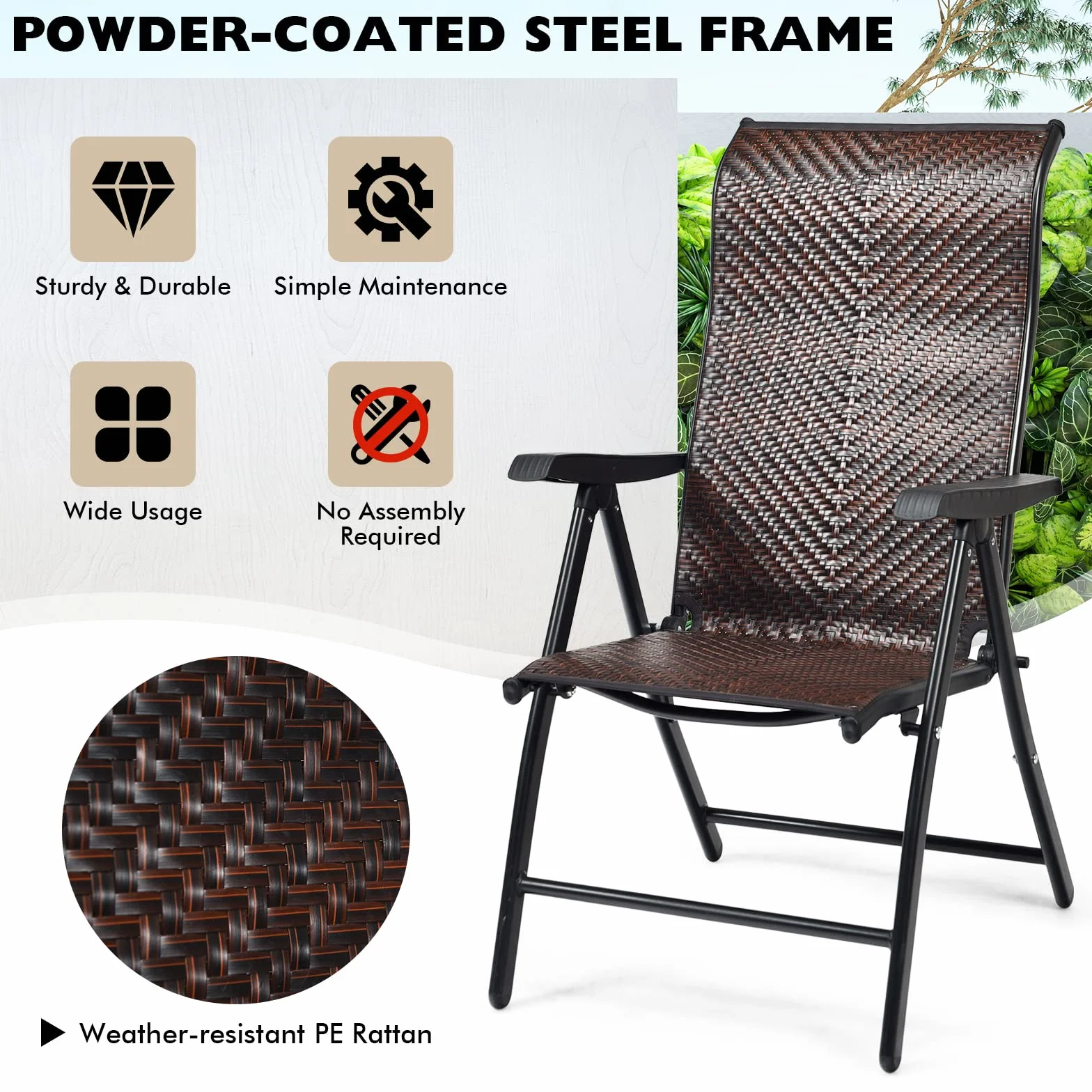 GIANTEX Set di 2 sedie da giardino in rattan con schienale regolabile, sedia pieghevole da giardino, sedia da pranzo, ergonomica, con braccioli, per giardino, balcone