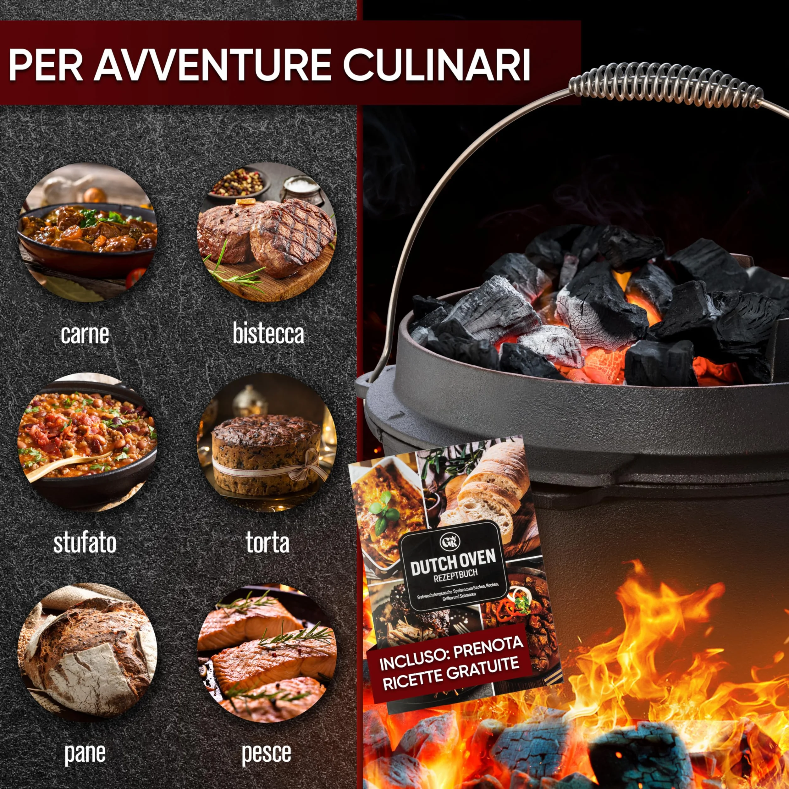 GUSSKÖNIG Set di pentole in ghisa con coperchio- 7 Litri-senza piedini -Teglia per il pane in ghisa-Incluso sollevatore del coperchio 2in1,spazzola e ricettario per il forno olandese [per3-5 persone]