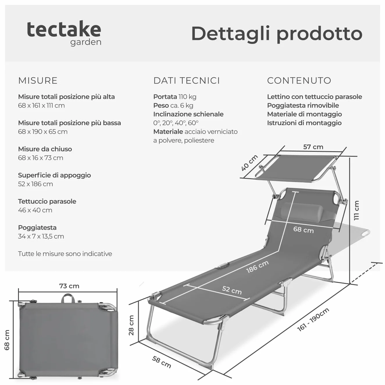 tectake Lettino Pieghevole con Parasole, Schienale Regolabile 4 Posizioni, Rivestimento Resistente - Grigio