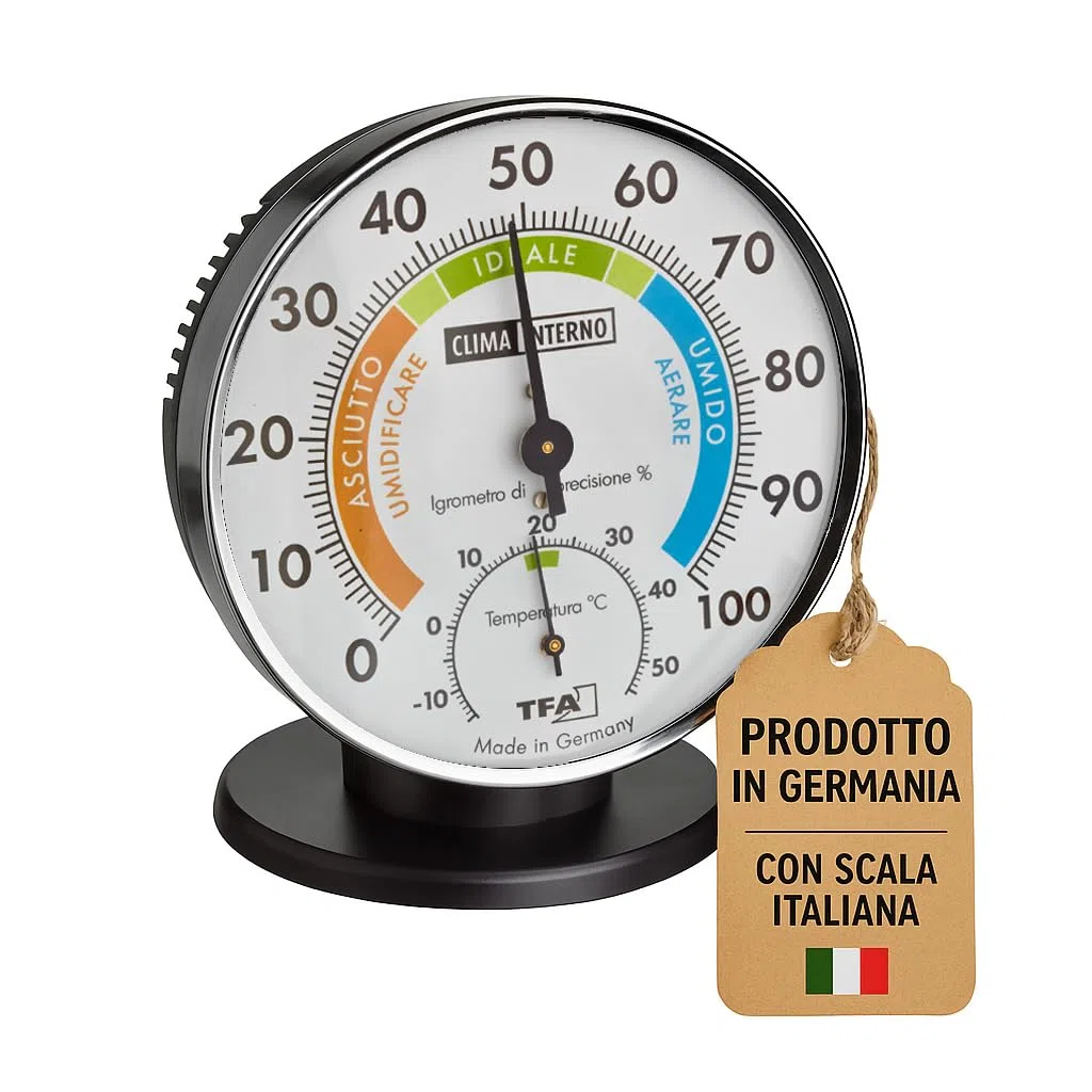 TFA Dostmann Termometro Igrometro di precisione, 45.2033.IT, Termoigrometro per la climatizzazione ambienti interni, scala analogica italiana, con zone di comfort, controllo di temperatura e umidità
