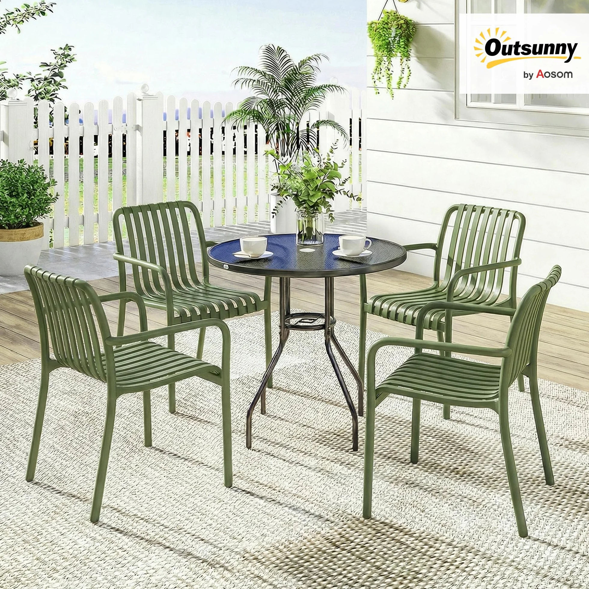Outsunny Set 4 Sedie da Giardino Impilabili in PP Anti UV, Sedie per Esterno con Schienale Ergonomico, 55x58.5x81.5 cm, Verde