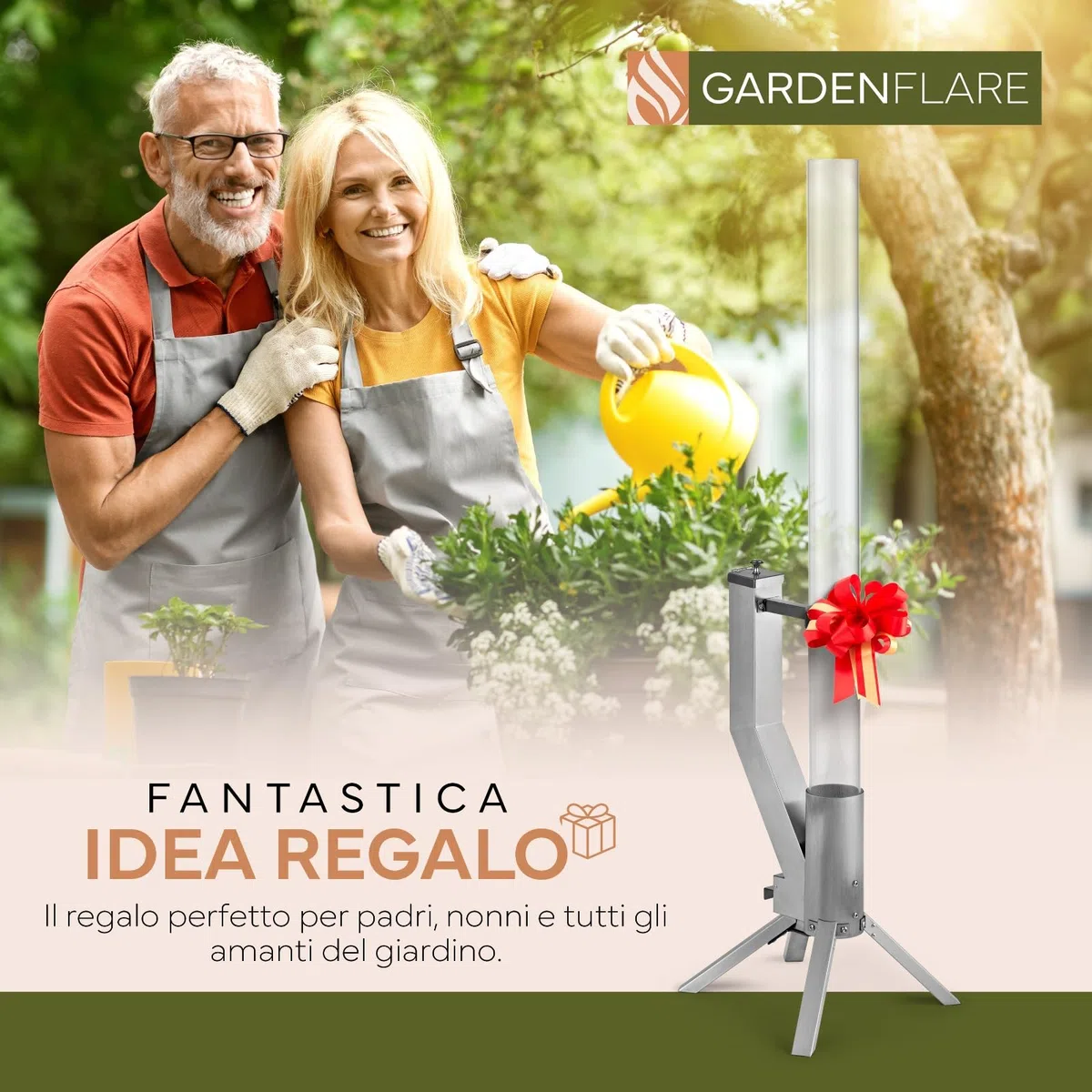 GARDENFLARE Colonna di Fuoco in Acciaio Inox e Torcia a Pellet per un'Atmosfera Incantevole – Elegante Alternativa ai Riscaldatori da Terrazza e ai Camini da Giardino per la Tua Terrazza (Argento)