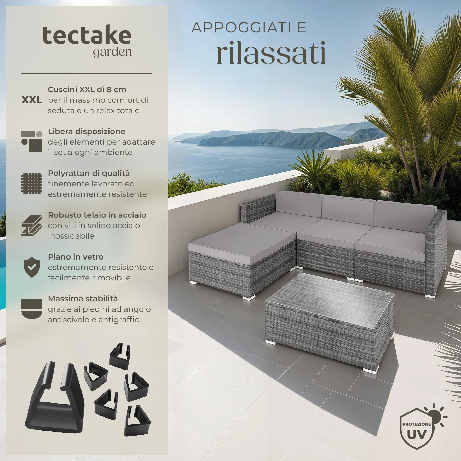 Tectake Salottino in Rattan Firenze Set Giardino 3 Poltrone 1 Pouf Tavolo Cuscini 8cm Grigio