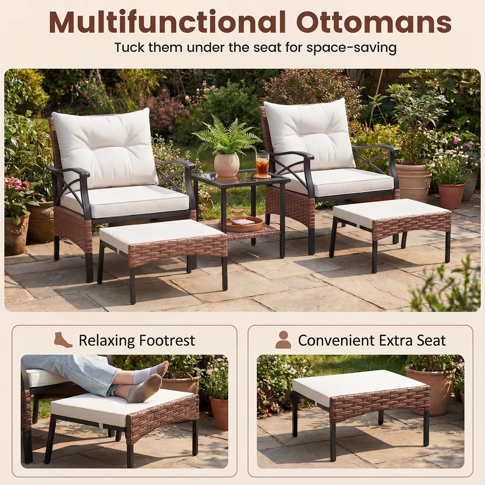 GIANTEX Set da Giardino in Rattan per 2 Persone con Poltrone e Sgabello