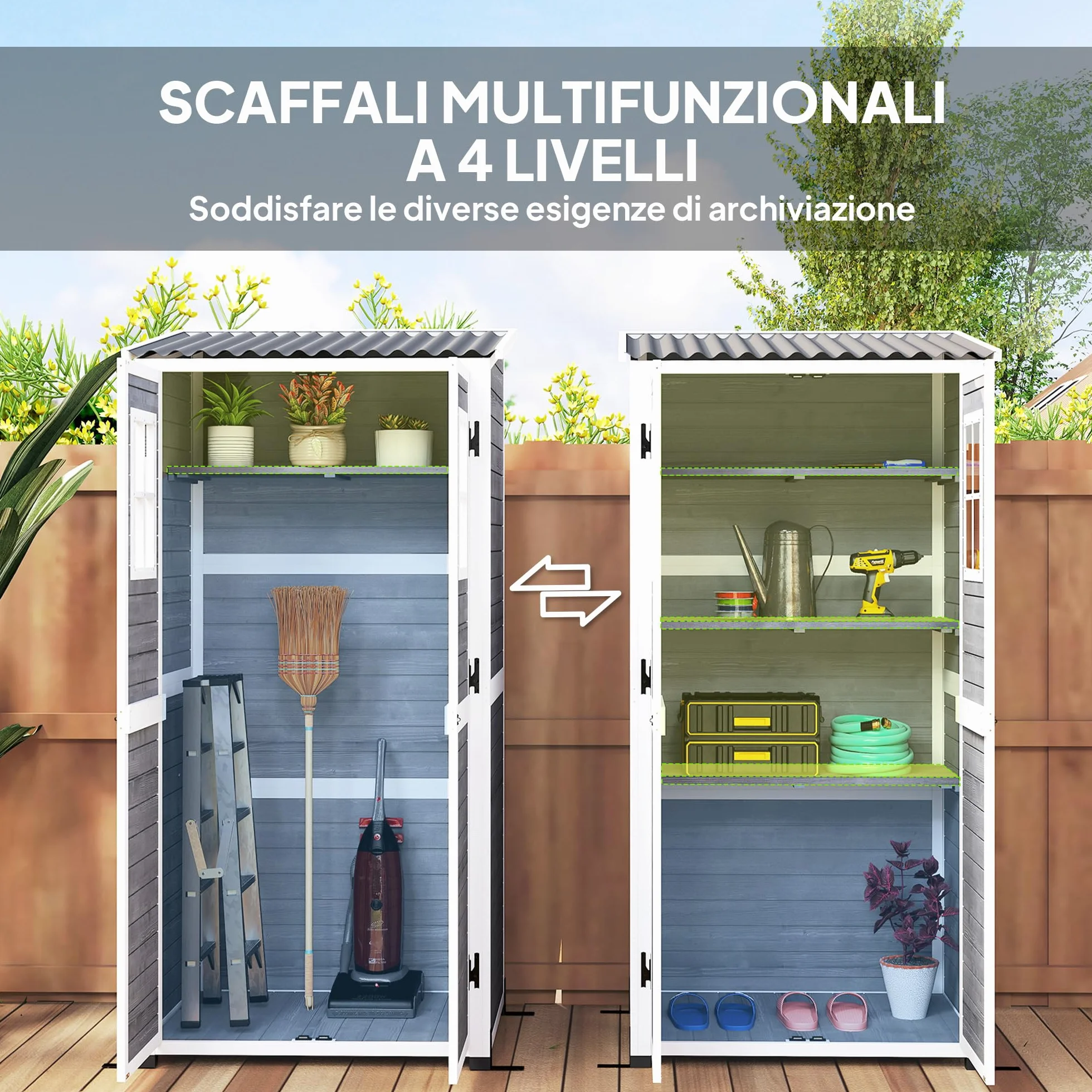 Outsunny Capanno Porta Attrezzi da Giardino in Legno di Abete con 2 Finestre e Ripiani Regolabili, Casetta Attrezzi Giardino Bloccabile, Tetto Spiovente per Patio Terrazza, 91x69x192cm, Grigio Chiaro