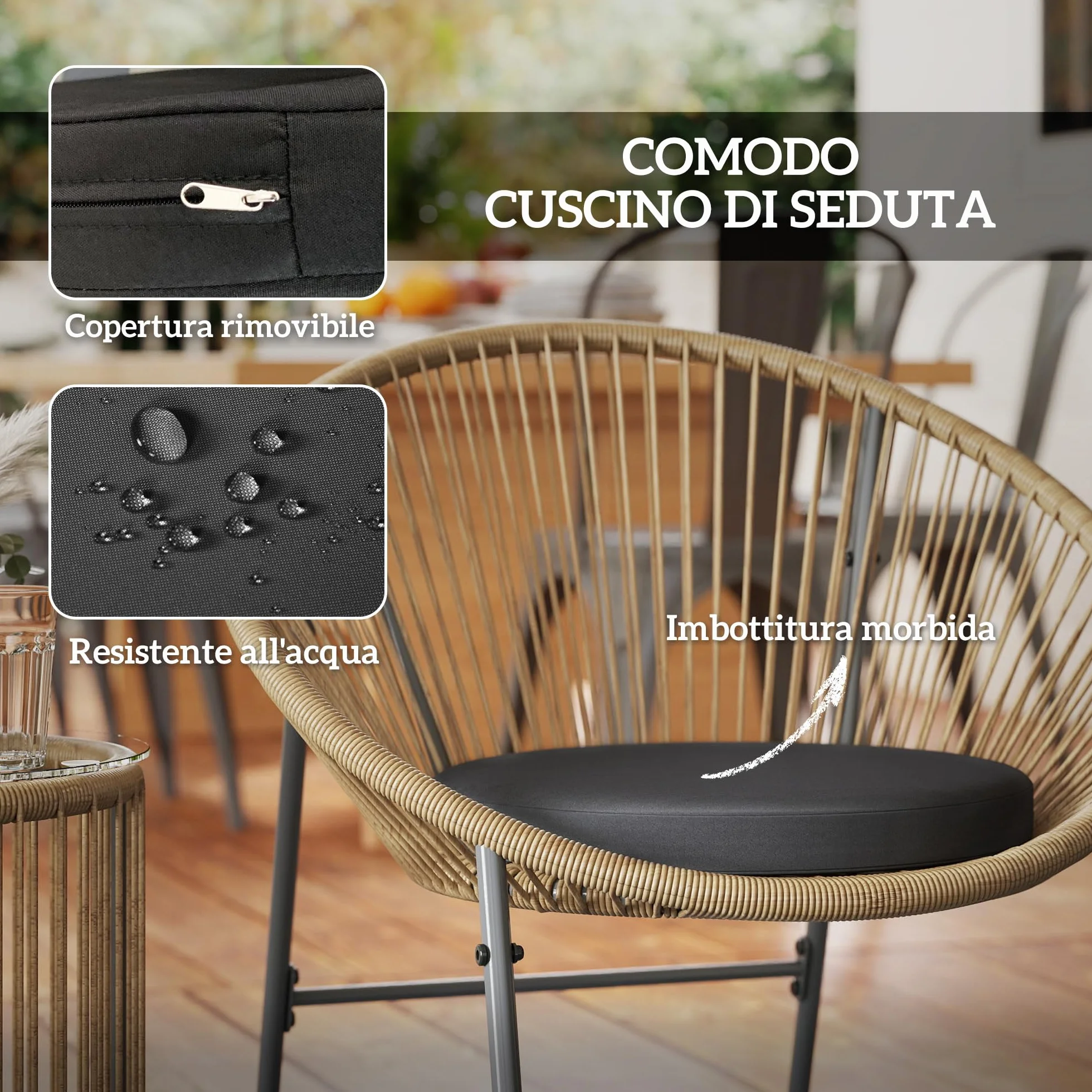 Outsunny Set da Giardino 3 Pezzi Rattan PE Acciaio, 2 Sedie Cuscini Lavabili Tavolino Caffè Vetro, Mobili Balcone Patio Cortile