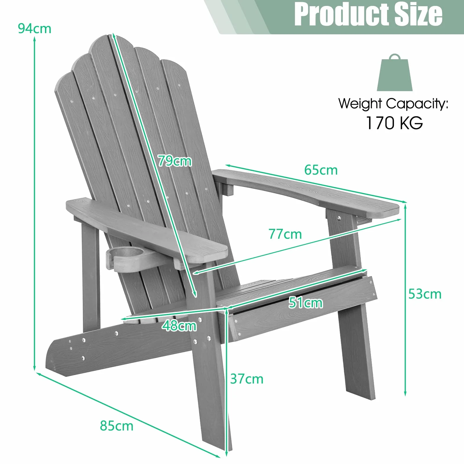 KOMFOTTEU sedia Adirondack Hips, Patrone Resistanti a Tutte le Condizioni, Falò con Supporto per Tazze, 77 x 86 x 94 cm (grigio)