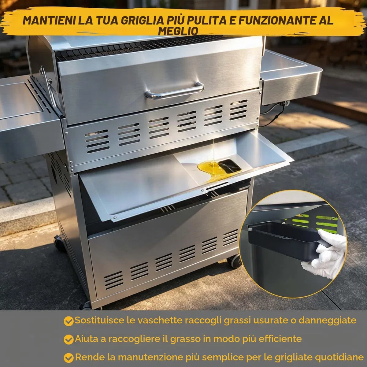 GFTIME vaschetta raccogli Grasso Universale con Vasca di Raccolta da 60 cm Fino a 80 cm per Charbroil, DynaGlo, Nexgrill, Kenmore, Uniflame e Altro Ancora, Regolabile per bruciatori a Gas da 3/4/5