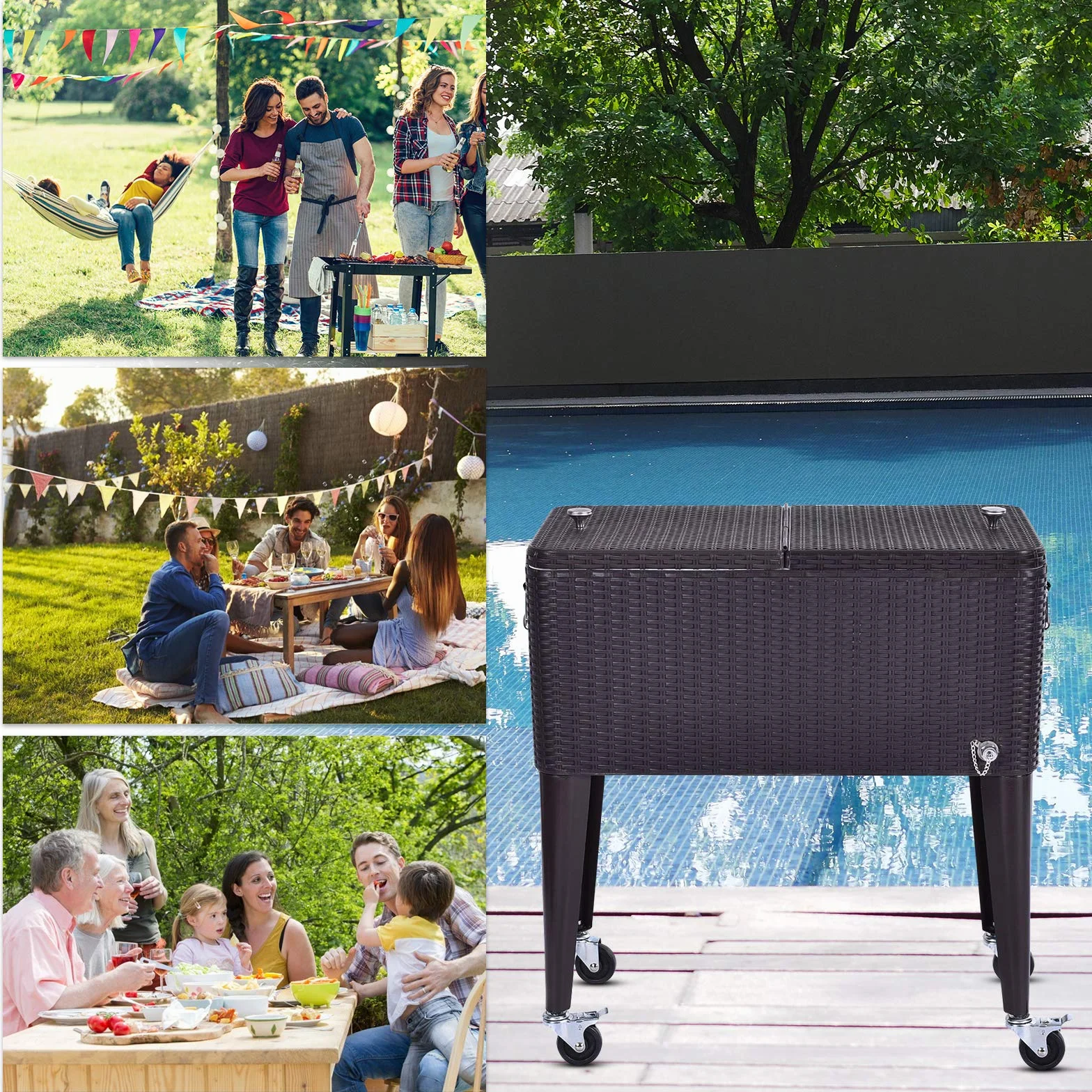 COSTWAY Carrello Portavivande Refrigerante Rattan 76L, Carrello Portaghiaccio con Ruote Bloccabili, Apribottiglie, 83x48x87 cm
