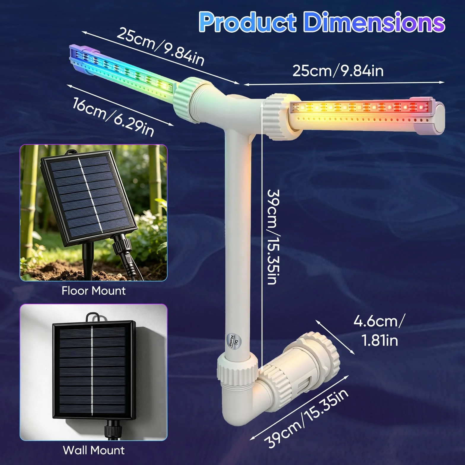 Fontana di Piscina, Fontana Solare a Doppia Testa con Illuminazione RGB, 11 Colori, Controllo APP e Telecomando, 6 Modalità di Illuminazione, Jet Regolabile 0,5-3 m, Per Piscine Fuori Terra e Sepolte