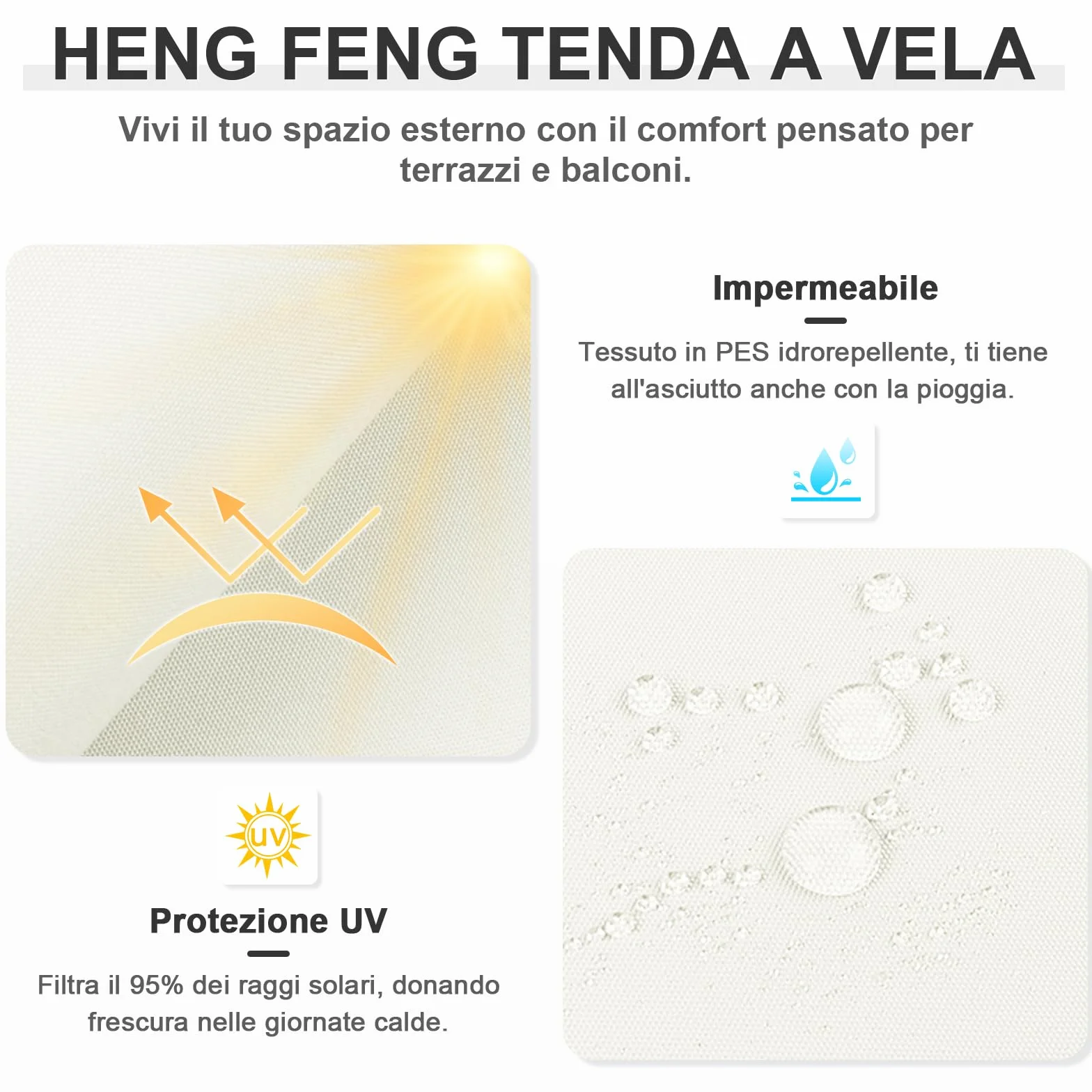 Tenda a Vela Impermeabile Rettangolare 3x4m Vela Ombreggiante Parasole Protezione Raggi UV per Esterno Giardino Beige