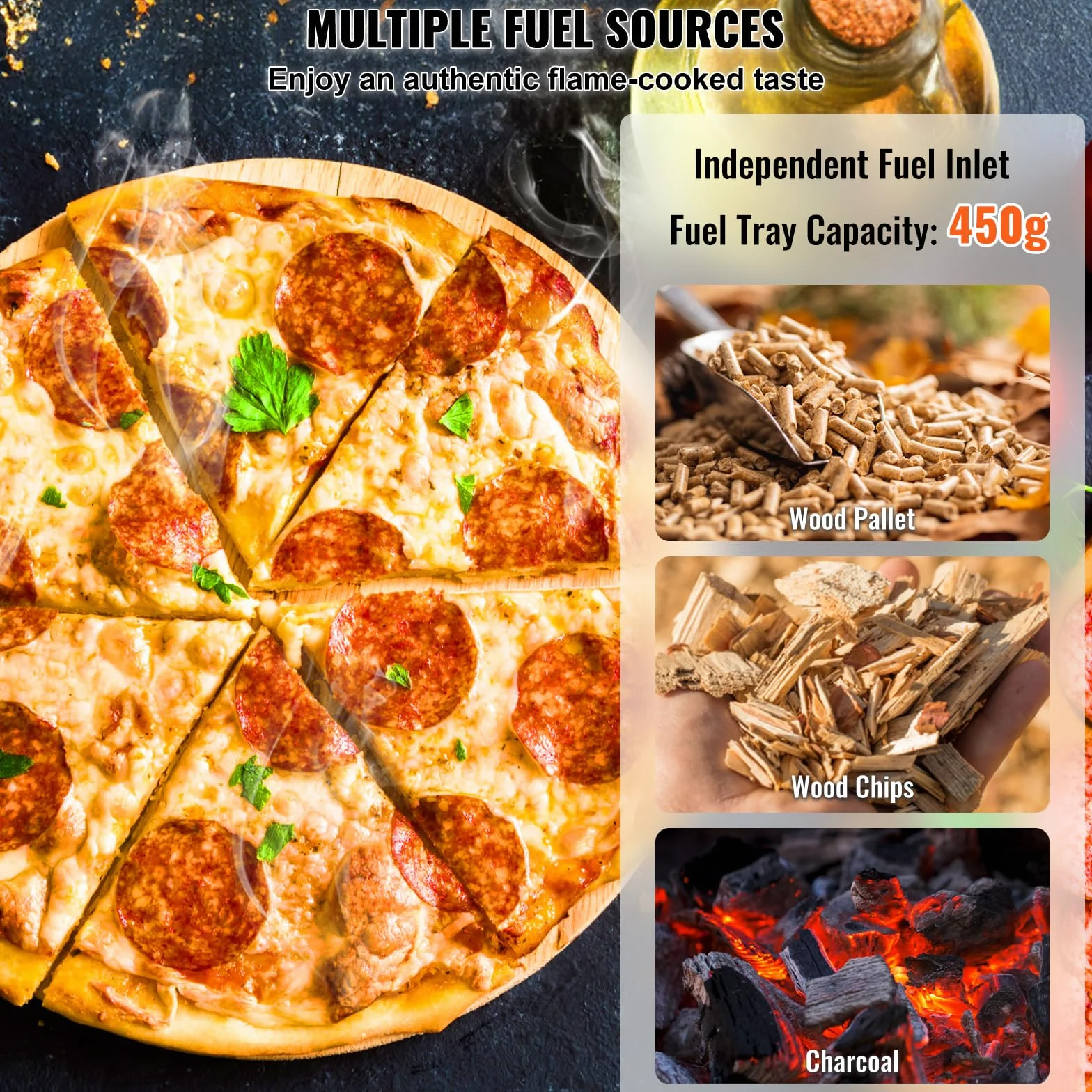 VEVOR Forno Portatile per Esterni 304 mm, Tri-Fuel Pellet Trucioli Carbone, Griglia Pizza con Pietra e Copertura, Nero