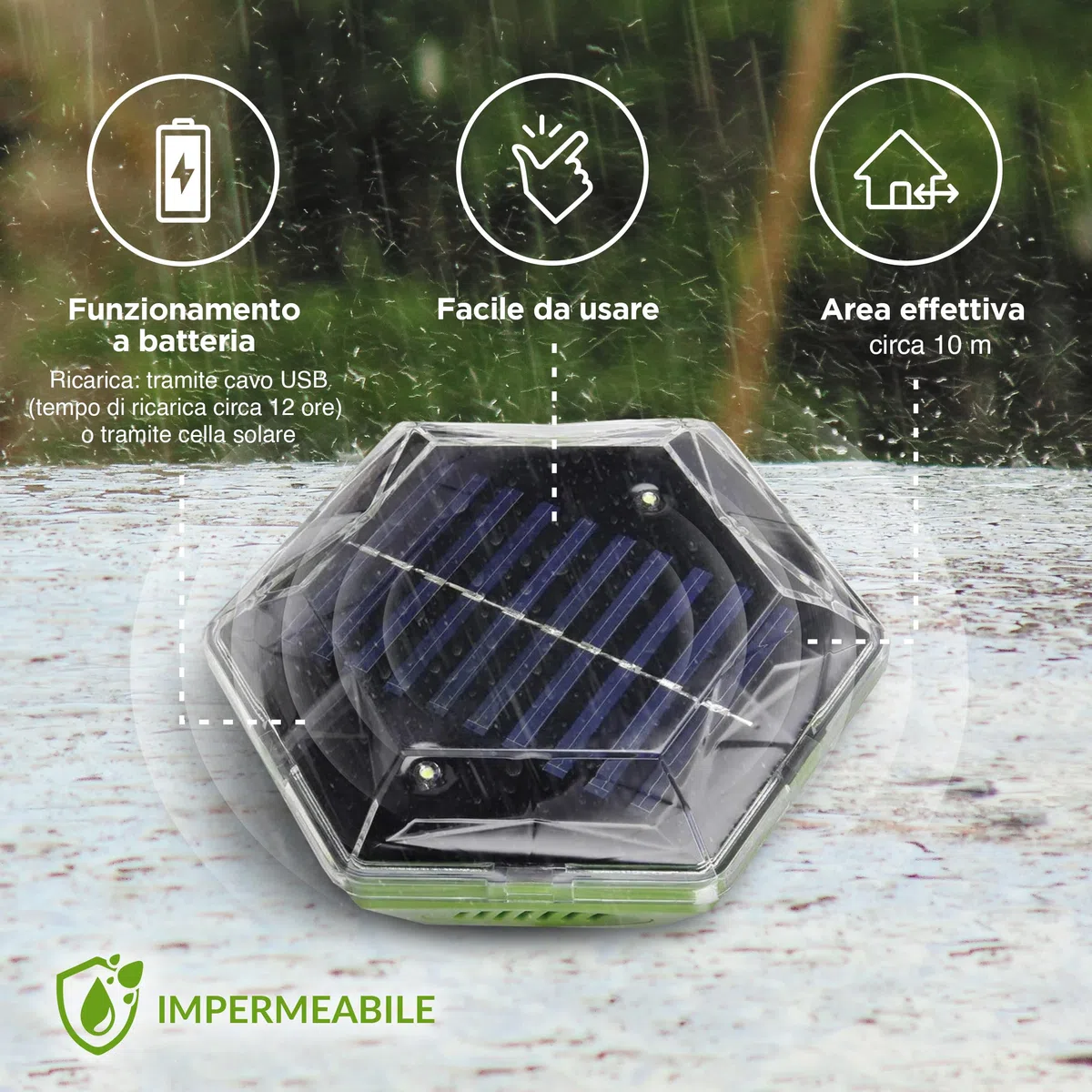 ISOTRONIC dissuasore solare uccelli luce lampeggiante ultrasuoni raggio 150m² 3 unità esterno protezione