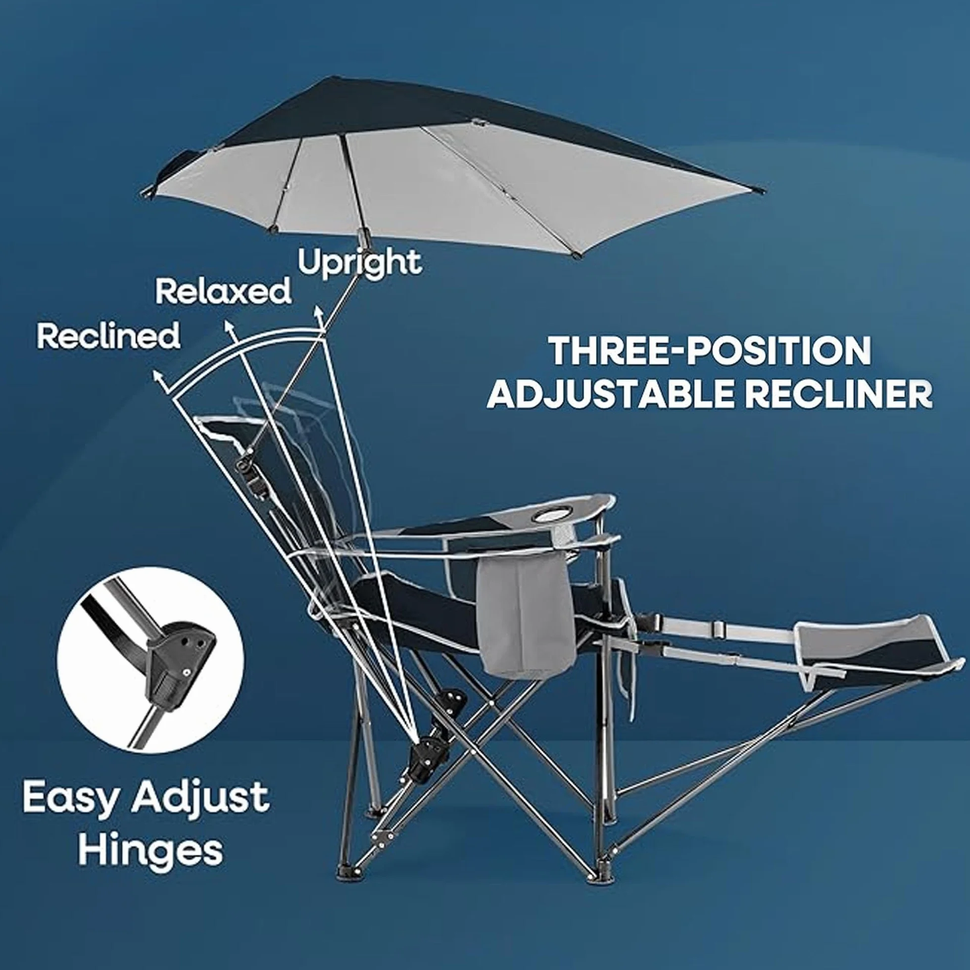 Sport-Brella Sedia Recliner, 3 Posizioni Regolabili, Ombrello Girevole Inclusa, Cooler, Apribottiglie e Portabicchieri, Ideale per Spiaggia, Eventi Sportivi e Campeggio, 60cm x 100cm, Blu