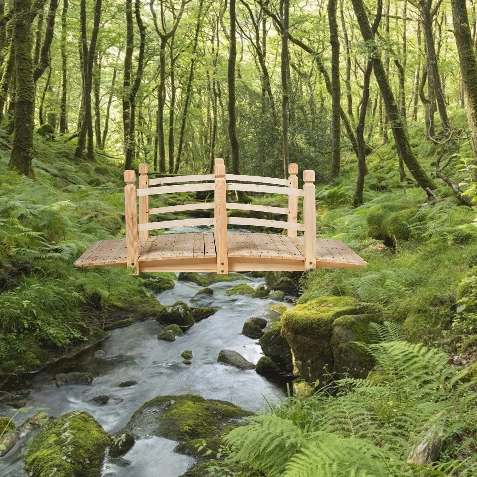 GYMAX Ponte da Giardino in Legno Lungo 150cm，Ponte Paesaggio Antico, Decorazione per Esterno (Naturale)