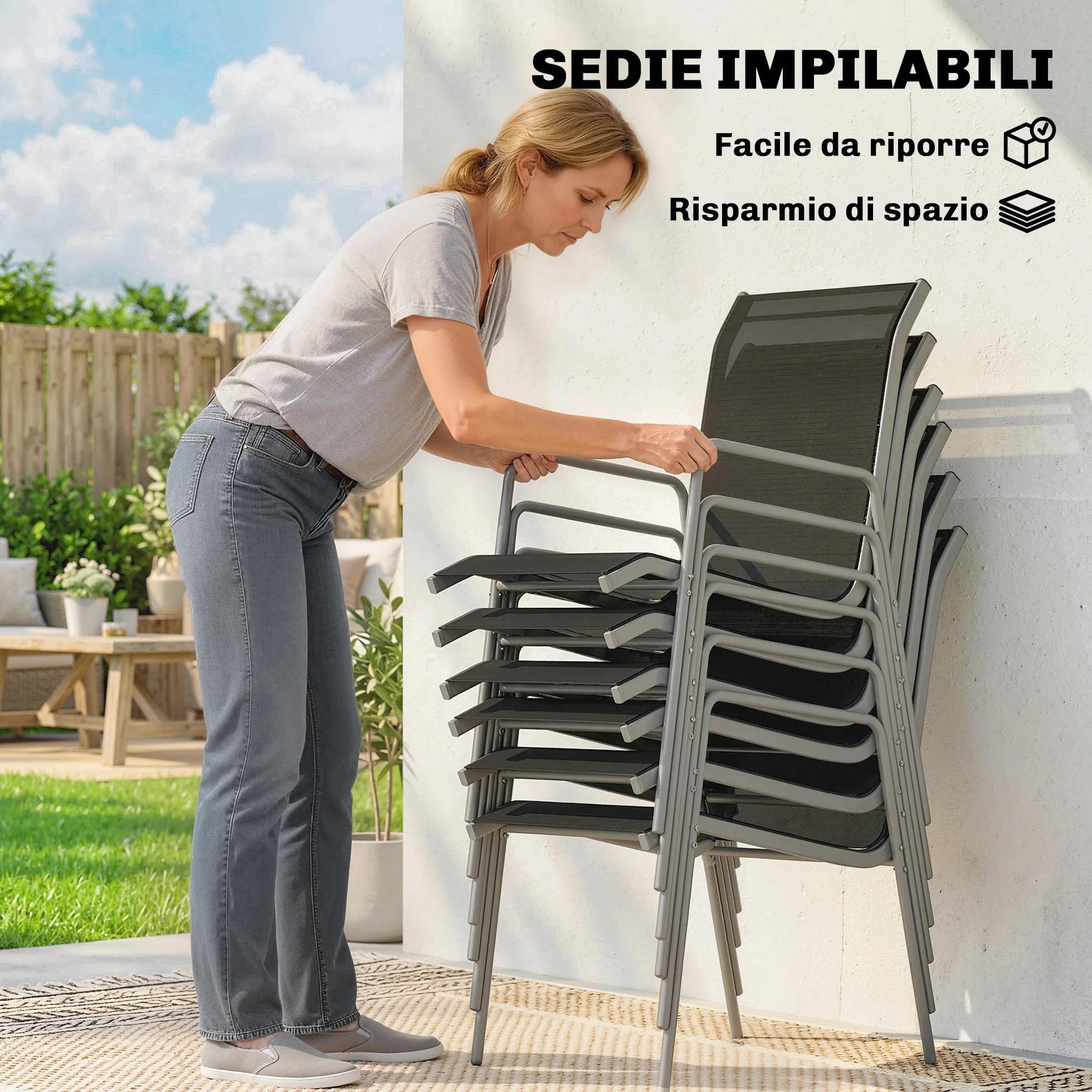 Outsunny Set Tavolo e Sedie da Giardino 7 Pezzi, Pranzo Esterno con 6 Sedie Impilabili in Texteline, Tavolo in Vetro Temperato, Metallo, Argento e Nero