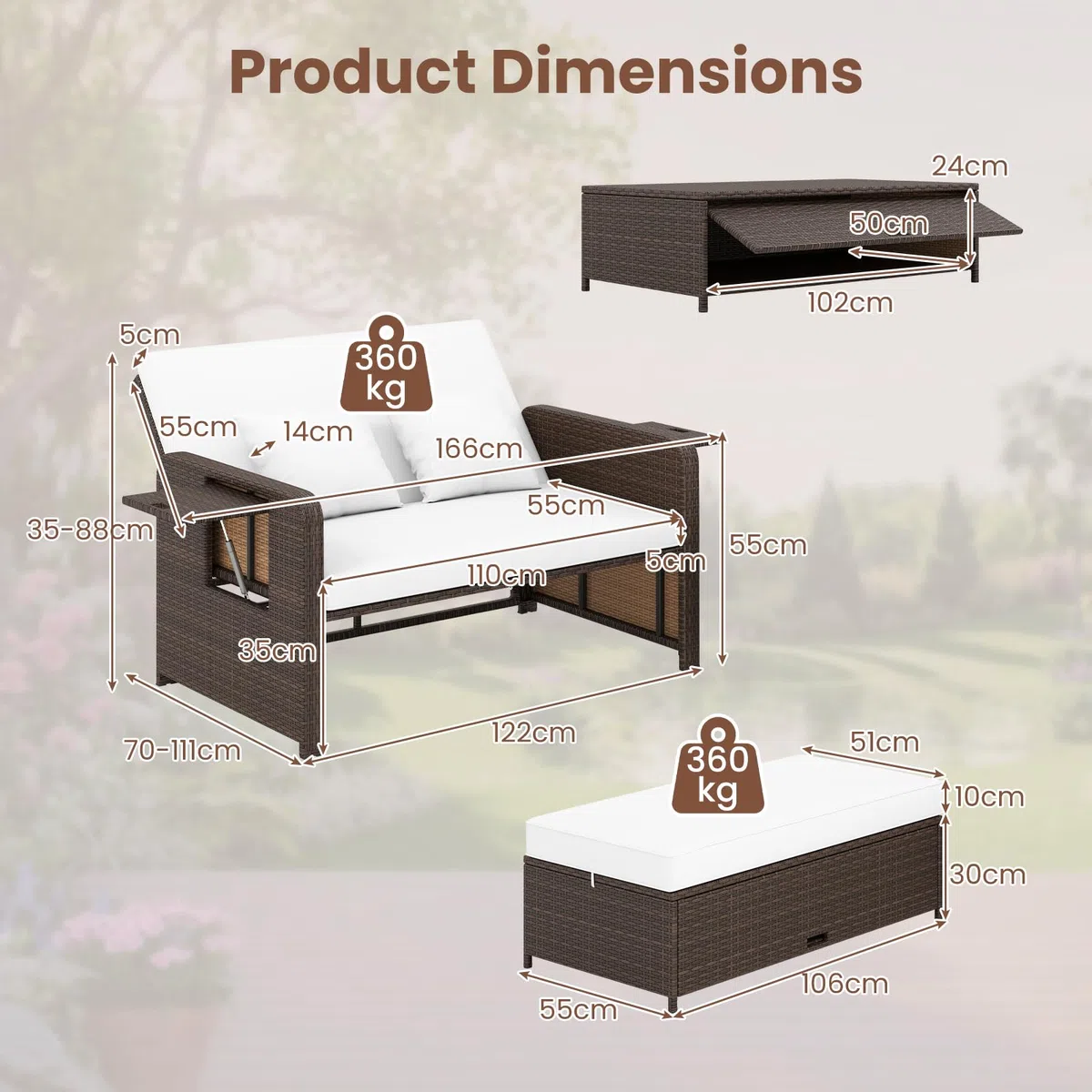 GIANTEX Divano da Giardino in Rattan con Poggiapiedi, Doppio Divano da Esterno con Schienale Regolabile, Mobili da Giardino per Terrazza, Balcone, Cortile (Misto Marrone+Bianco)