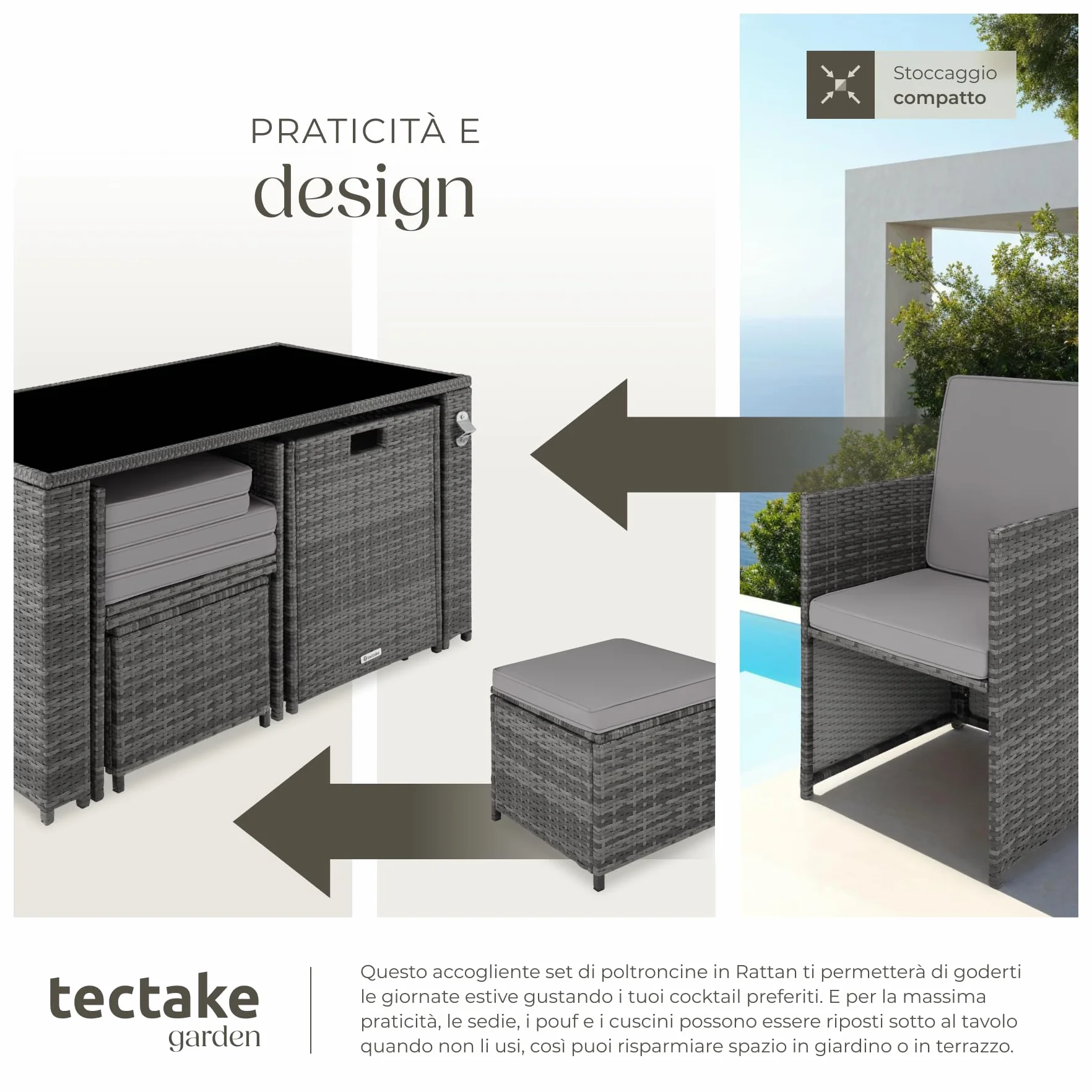 Tectake Salottino Rattan Palermo Set Sedie Cuscini Tavolino Vetro Grigio