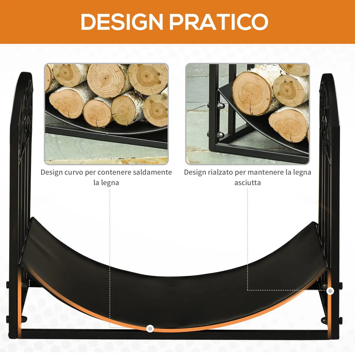 Outsunny Portalegna Metallico Interno Esterno 60kg Nero 60.5x36x46.5cm