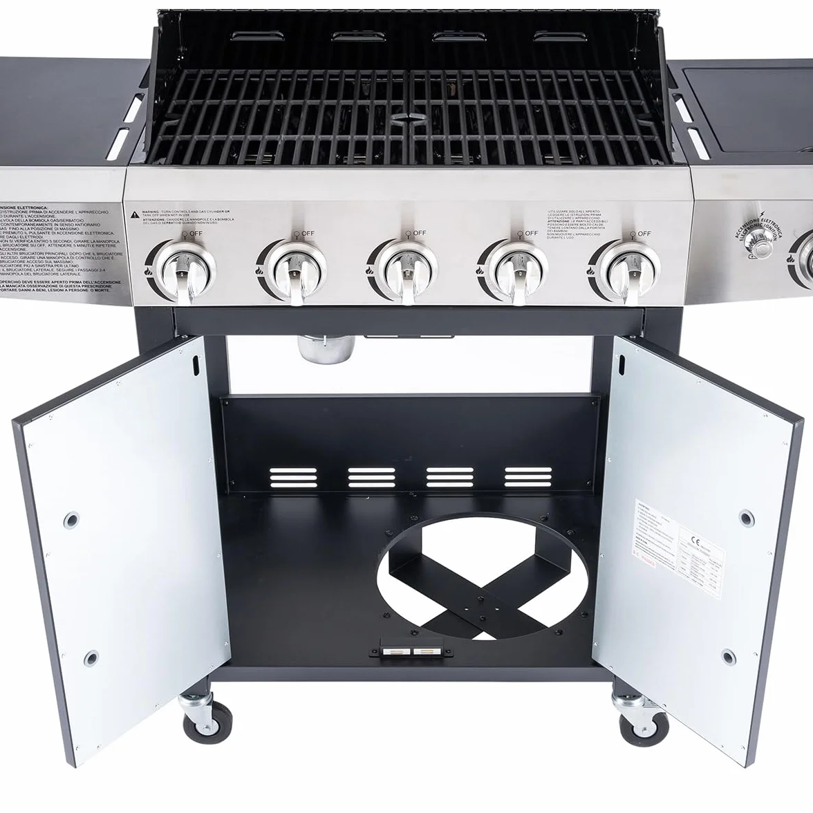Arsard Barbecue a Gas Professionale XXL 6 Fuochi 19 KW con Bruciatore Laterale Griglia Ghisa Acciaio Inox