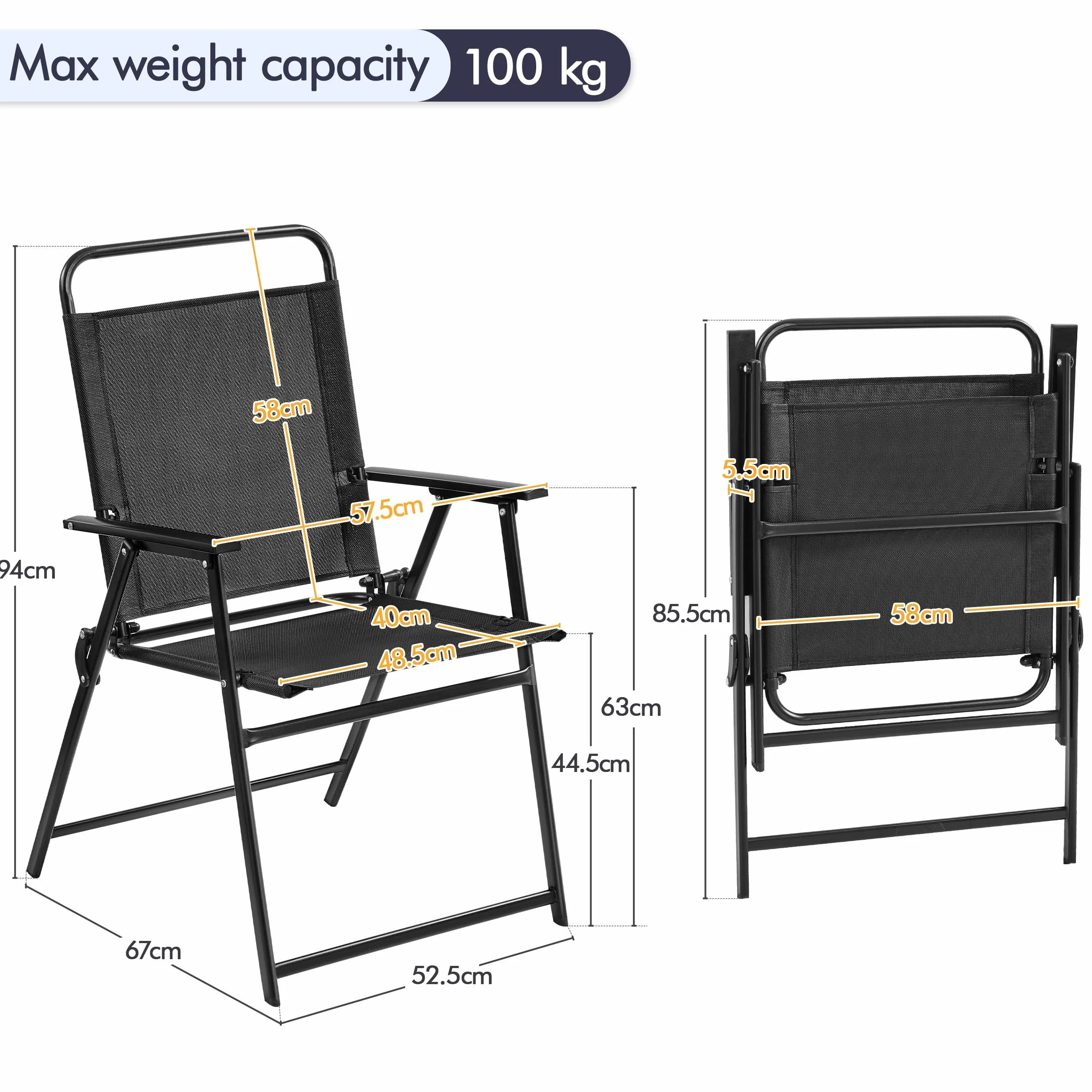 Yaheetech Set 2 Sedie da Giardino Pieghevoli con Braccioli Telaio in Metallo Seduta in Tessuto Portata 100 kg Nero