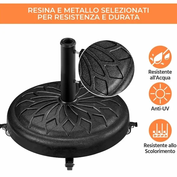 Yaheetech Base per Ombrellone da Giardino 24,7 kg in Resina e Metallo con 4 Ruote e Freni per Pali da Ø34/38/48mm con 2 Manopole Cortile Piscina Esterno Nero