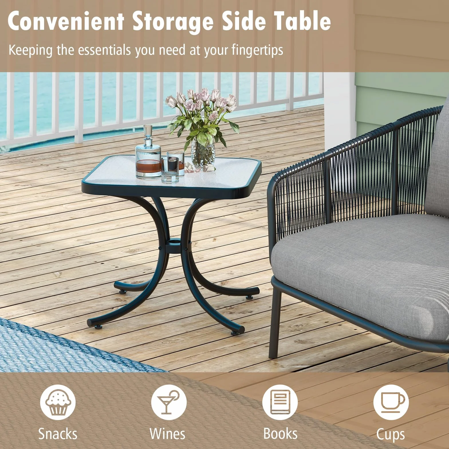 GIANTEX Tavolino da Giardino 50 cm, Tavolino Quadrato con Piano in Vetro Temperato, Struttura Metallica Resistente, Tavolino da Caffè da Esterno per Giardino, Balcone, Piscina, Nero